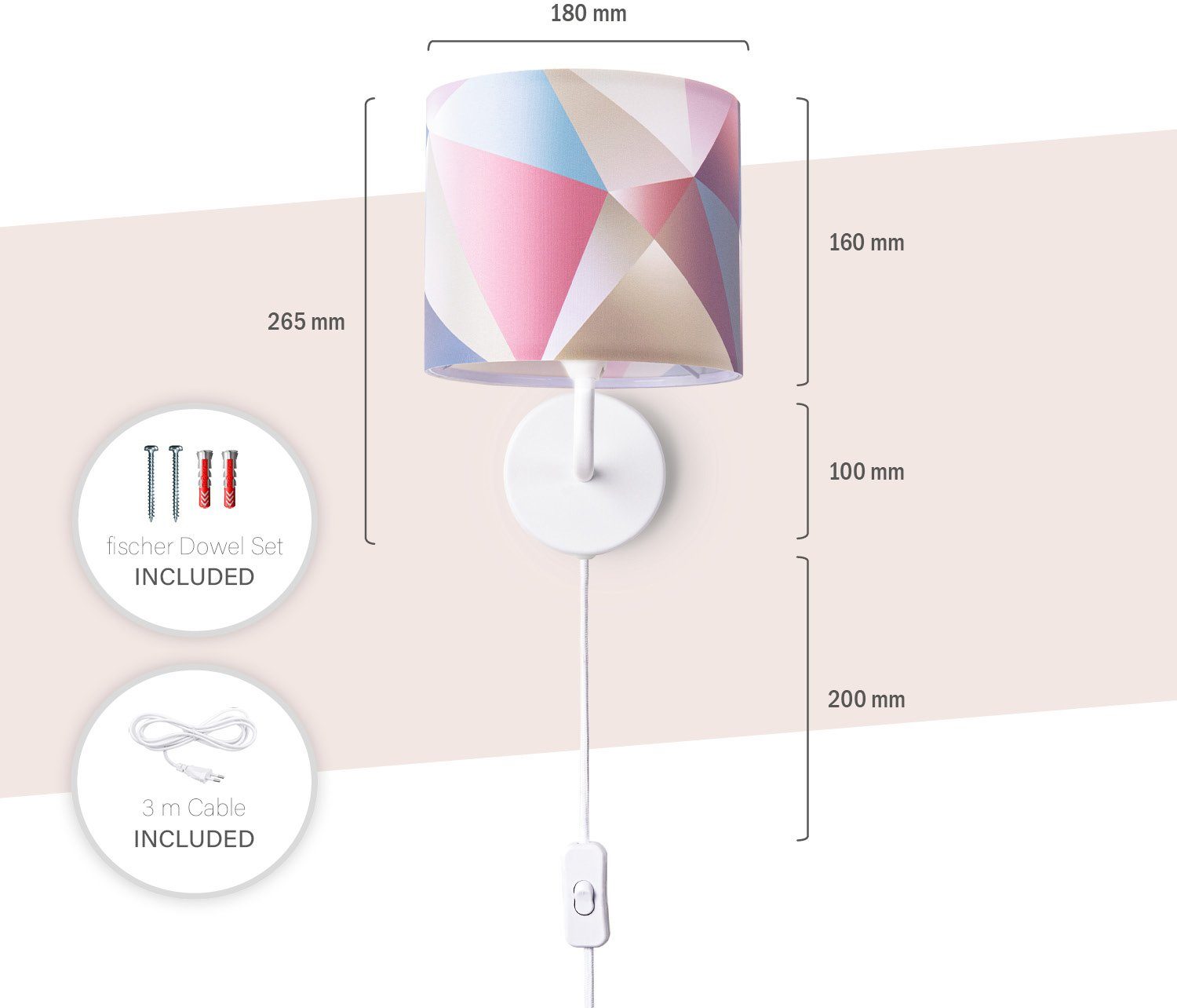 Paco Home Wandlamp Kosy 309 Stekker ganglamp woonkamer Ø18cm pastel decor kabel 3m E14