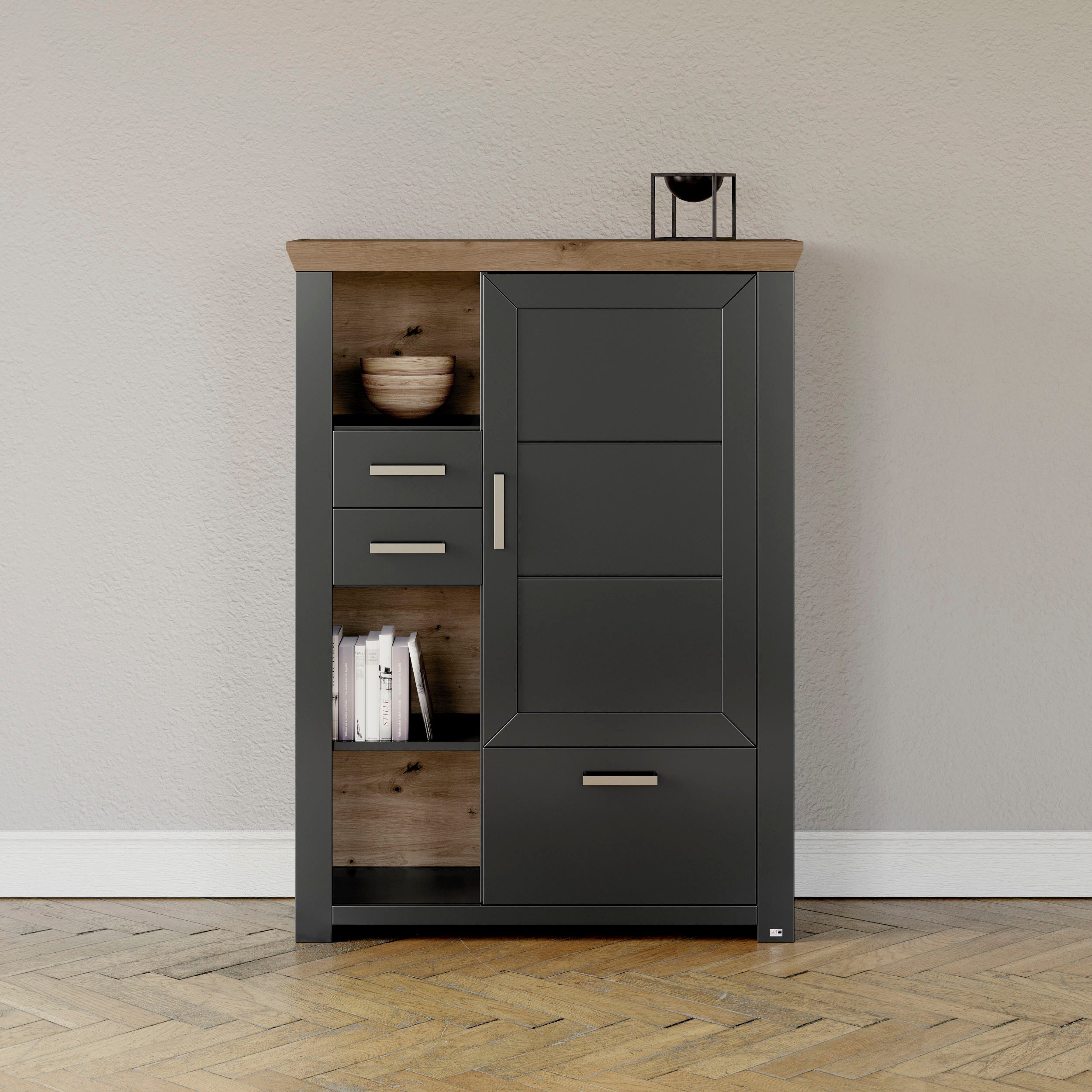 set one by Musterring Highboard York Type 25 en 26, in 3 kleurvarianten, verlichting optioneel, breedte 105 cm highboards grijs