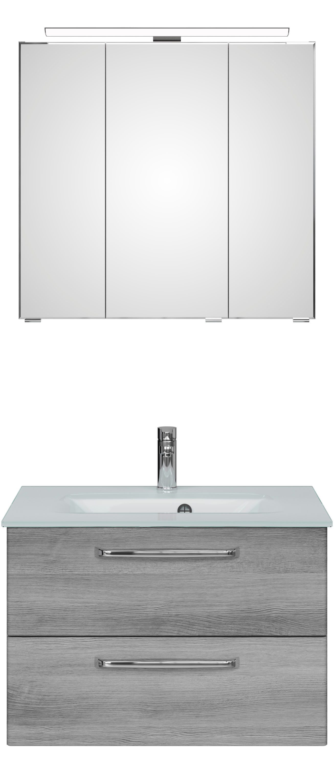 Saphir Badmeubelset Trentino 2-delig glazen wastafel, spiegelkast met LED-verlichting Badkamermeubel-set 77cm breed, incl. deurdemper, 3 deuren, 2 lades (3 stuks)