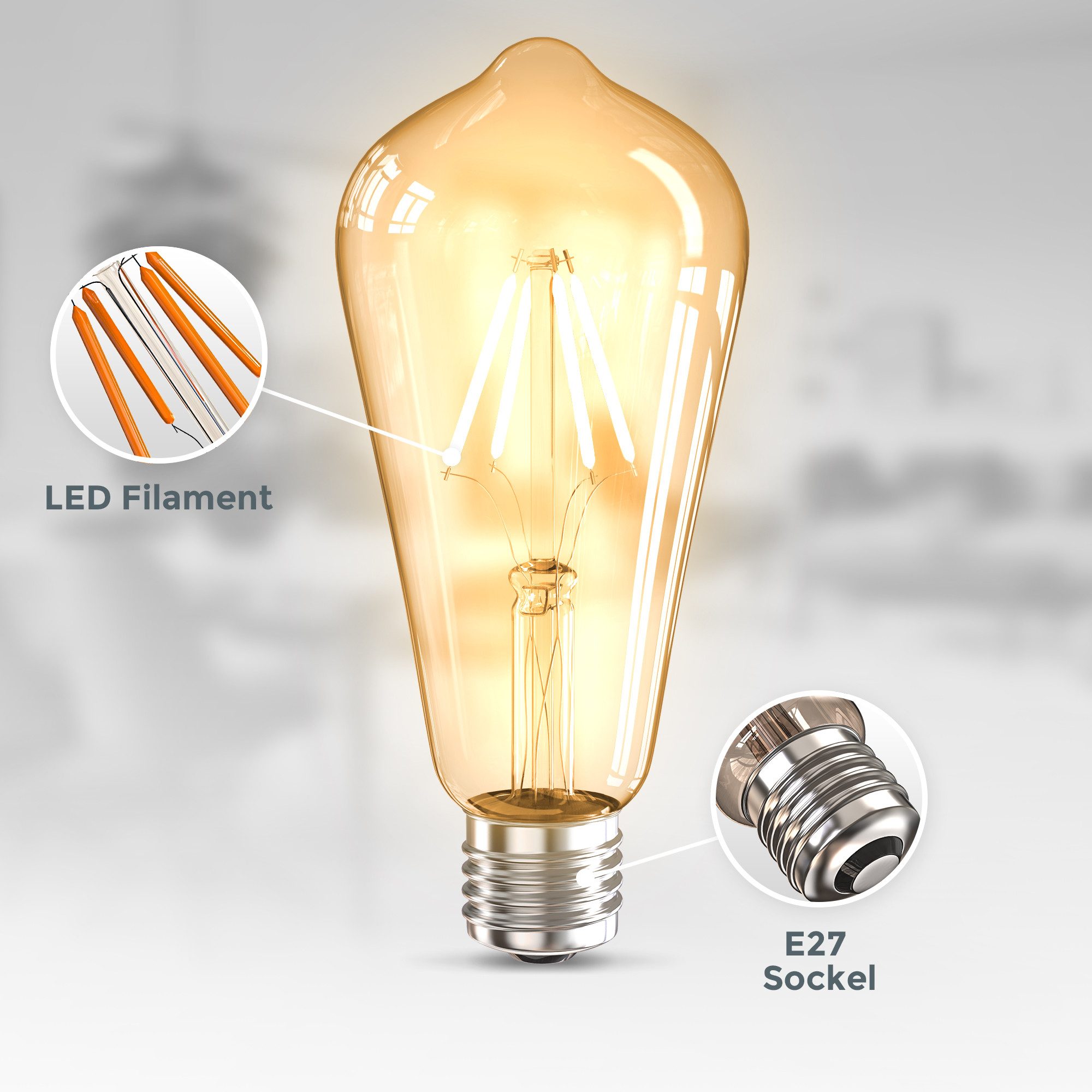B.K.Licht Led-verlichting LED lichtbron 6-delig set E27 ST64 2.700 k edison vintage gloeilamp filament