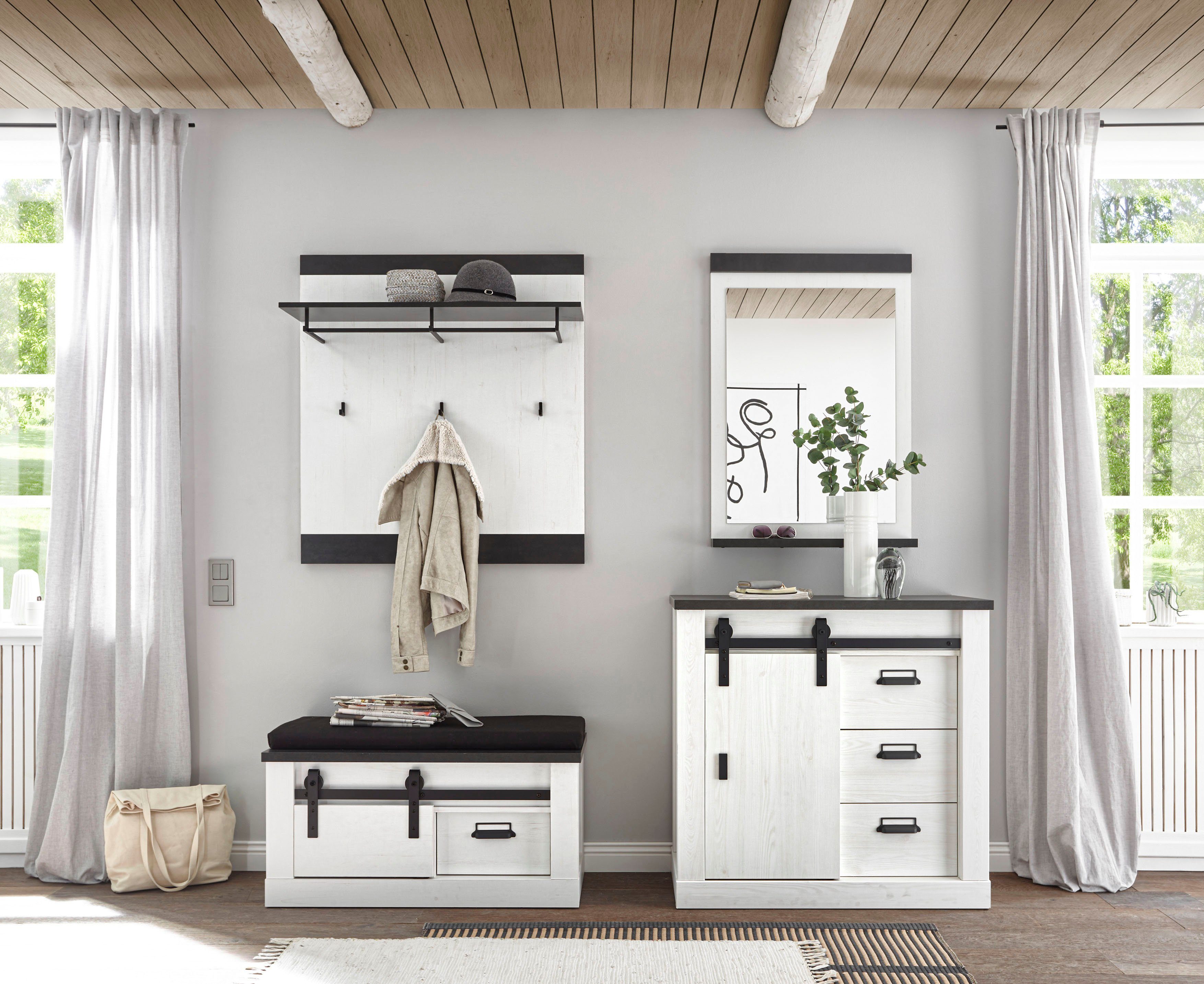 Home affaire Halmeubelset Sherwood met schuurdeurbeslag, apothekersgrepen van metaal (4-delig)