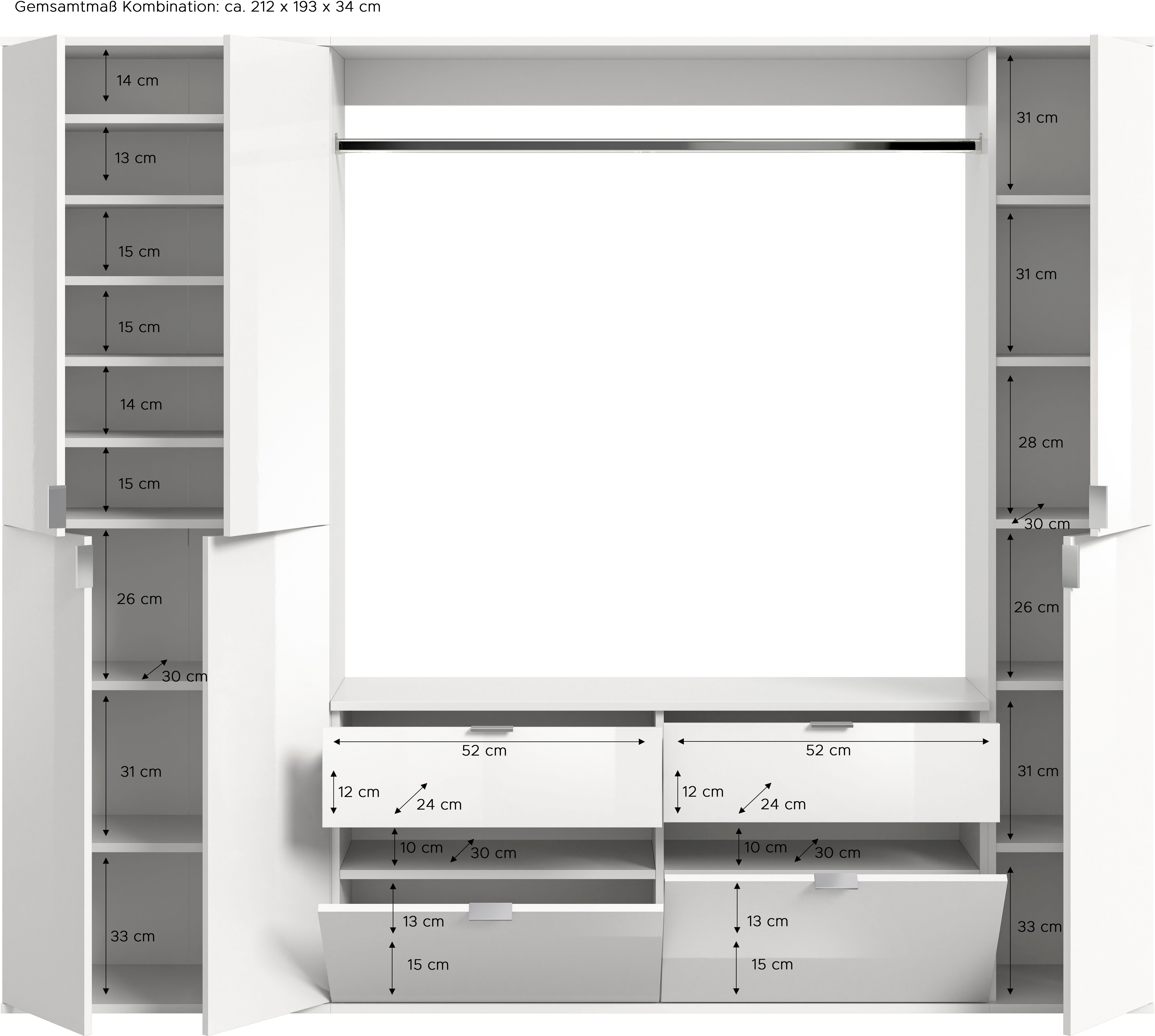 INOSIGN Halmeubelset Trondheim, Breedte 212 cm, 5-delig, bestaande uit: 2x garderobekast, 1 commode, 1 kledingstang, 1 legplank (set, 4-delig)