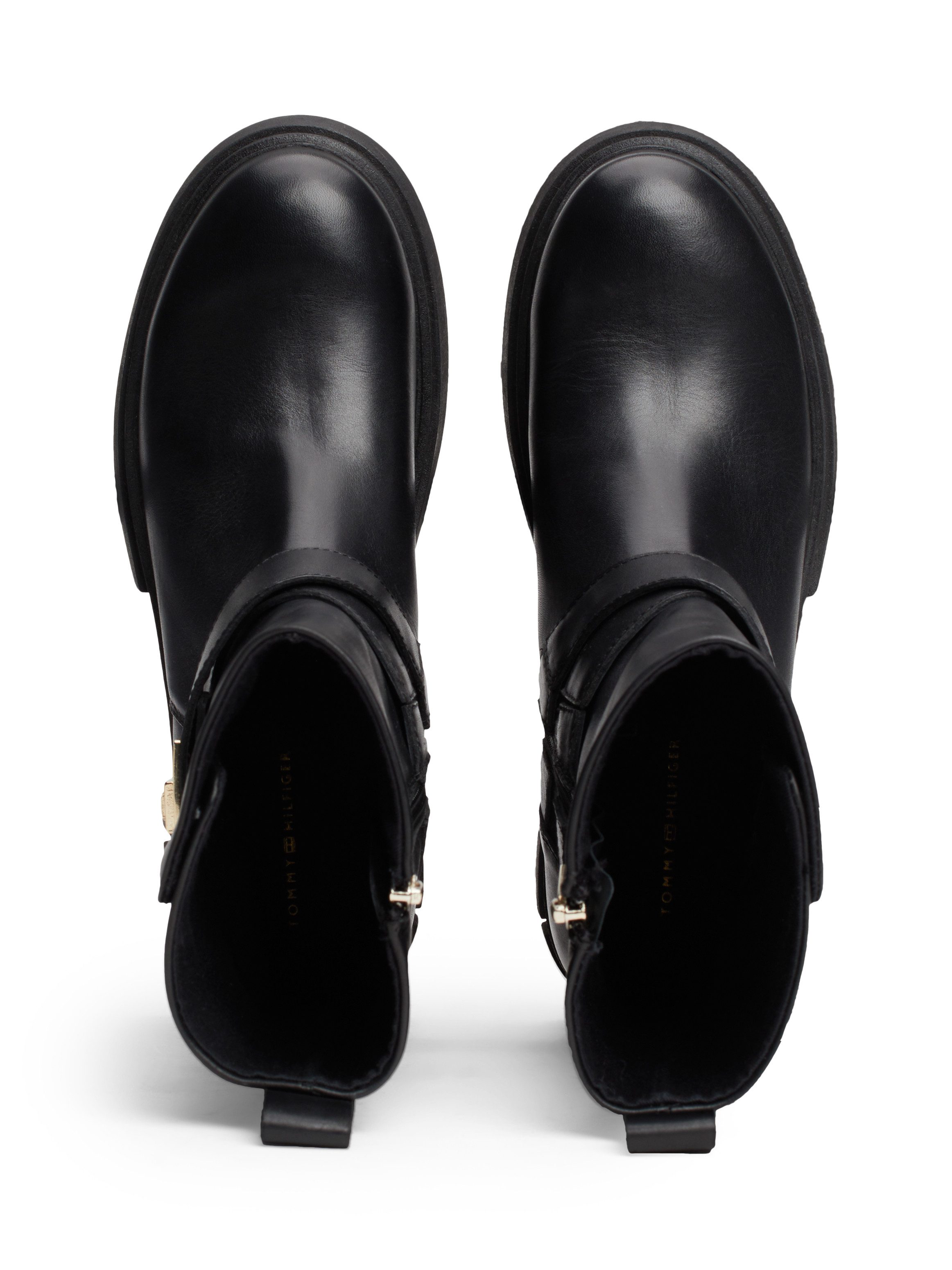 Tommy Hilfiger Bikerboots BIKER LEATHER blokhak, enkellaars, laarzen met goudkleurige sieraad