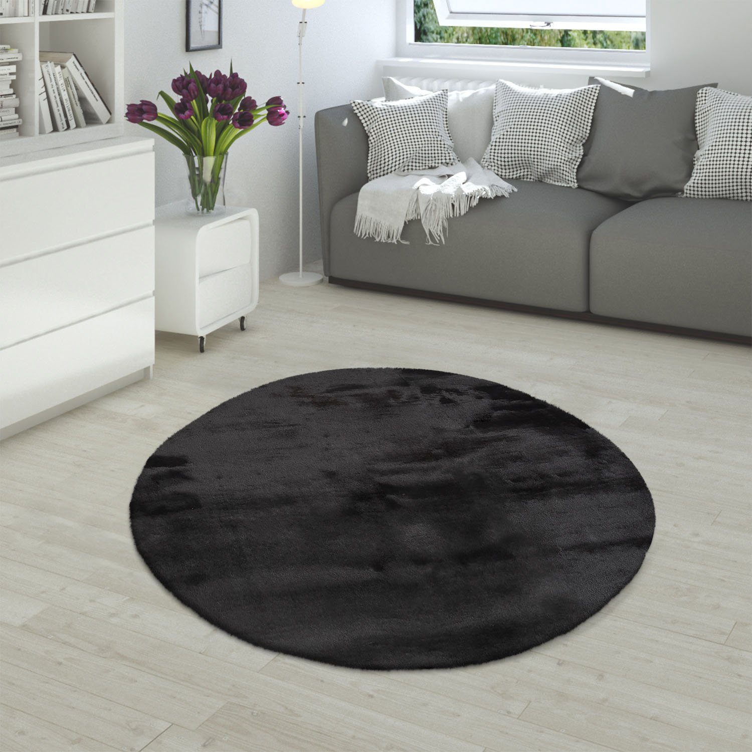 Paco Home Vachtvloerkleed Rabbit 780 Imitatiebont, voelt als konijnenbont, heerlijk zacht vloerkleed, unikleuren dieren vloerkleden maat Ø 80 cm x 26