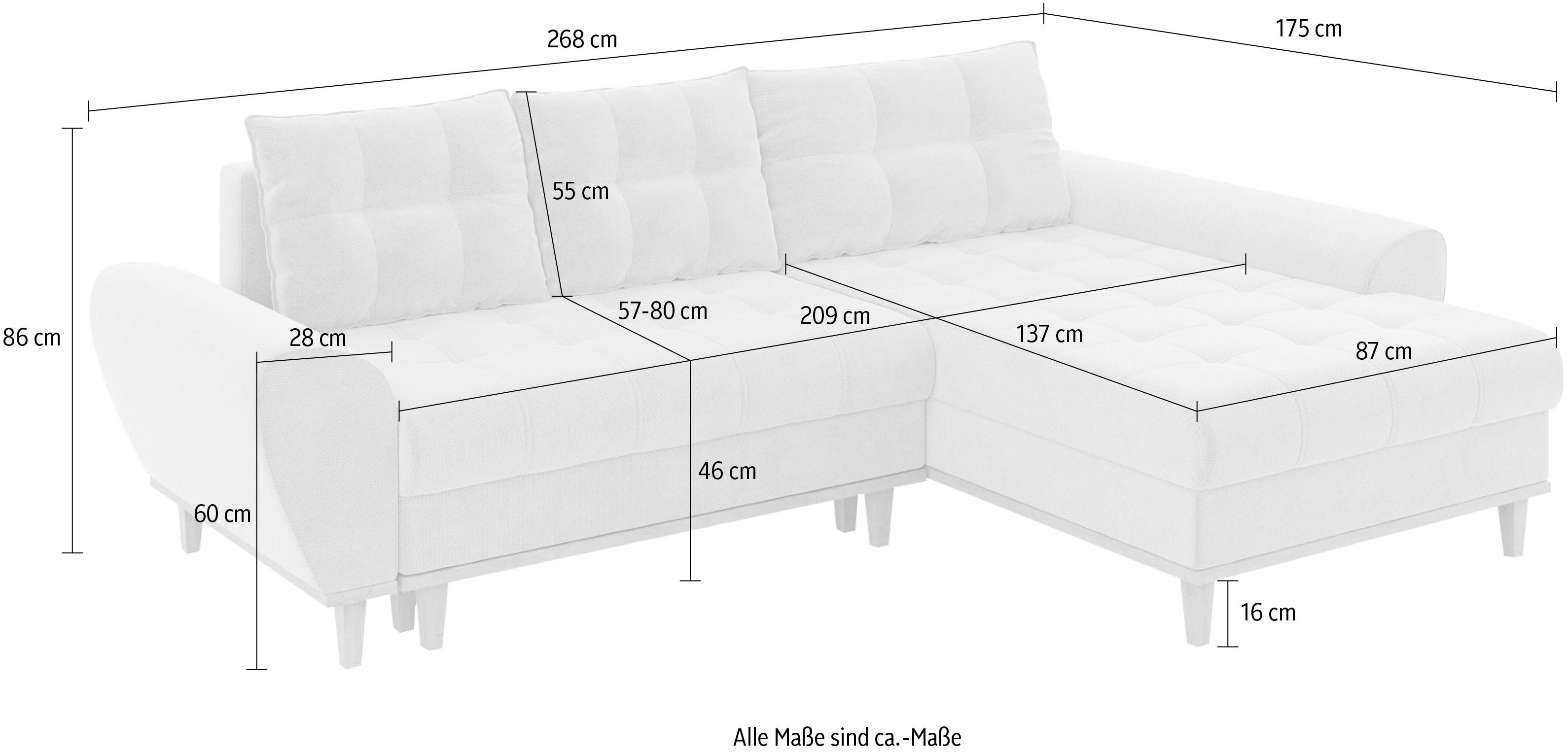 Home affaire Hoekbank Ahrdorf met bedfunctie en opbergruimte, afmetingen: B/H/D 268/86/175 cm