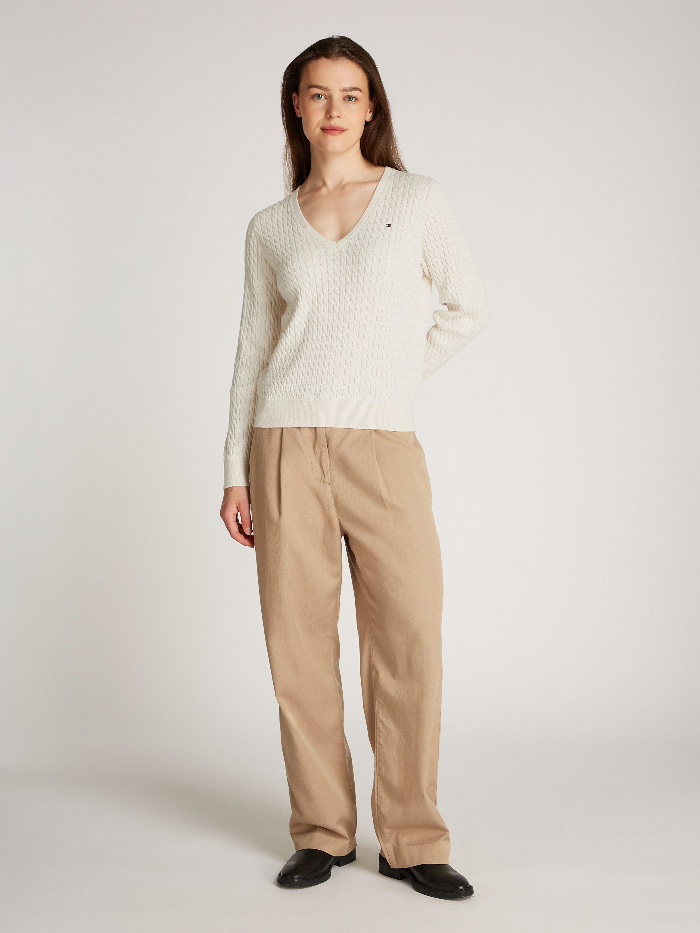 Tommy Hilfiger Trui met V-hals CO CABLE V-NK LS SWT met kabelpatroon logo-borduursel