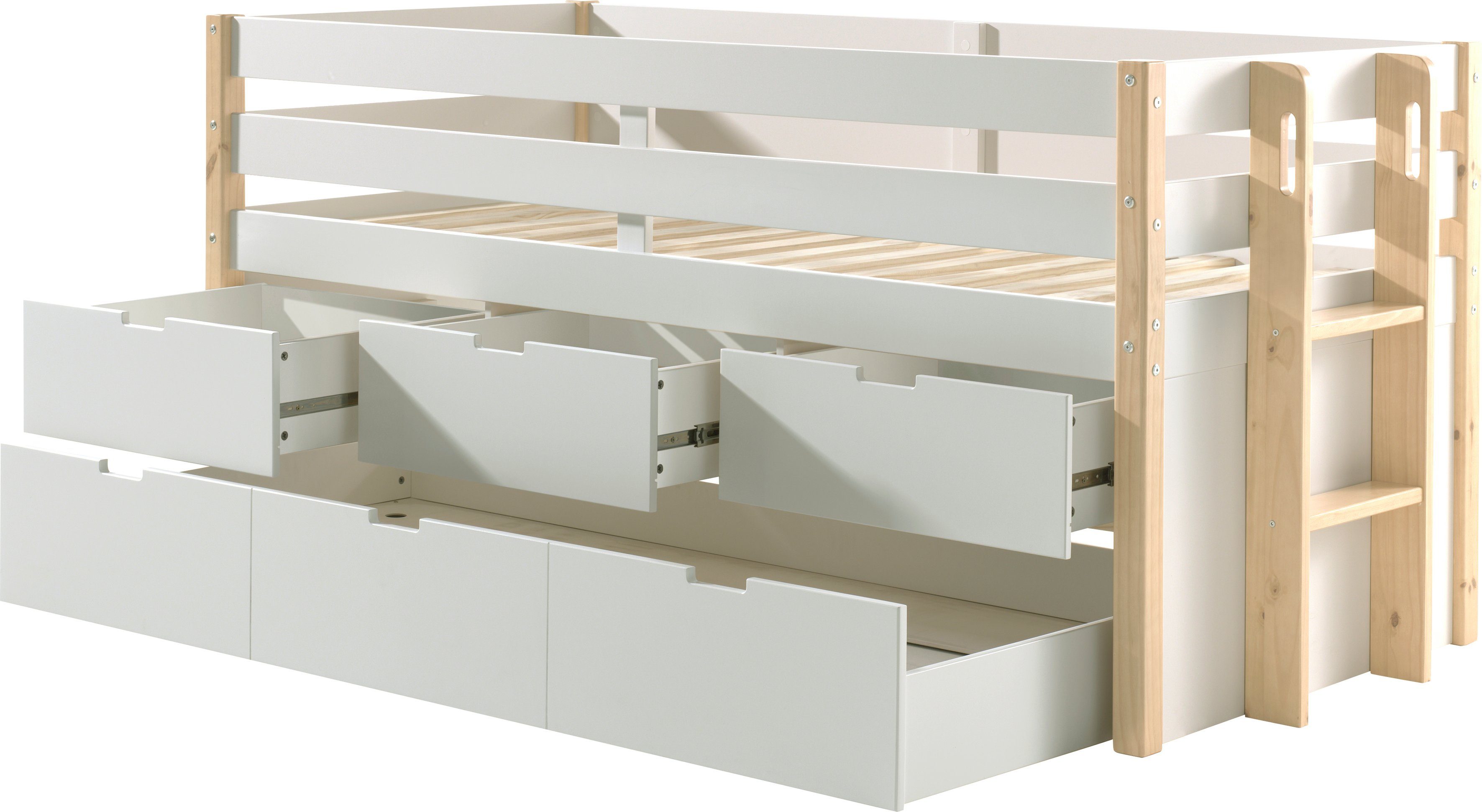 Vipack Hoogslaper Valbeveiliging, ligoppervlak 90x200 cm, lattenrol, uitvoering wit/naturel