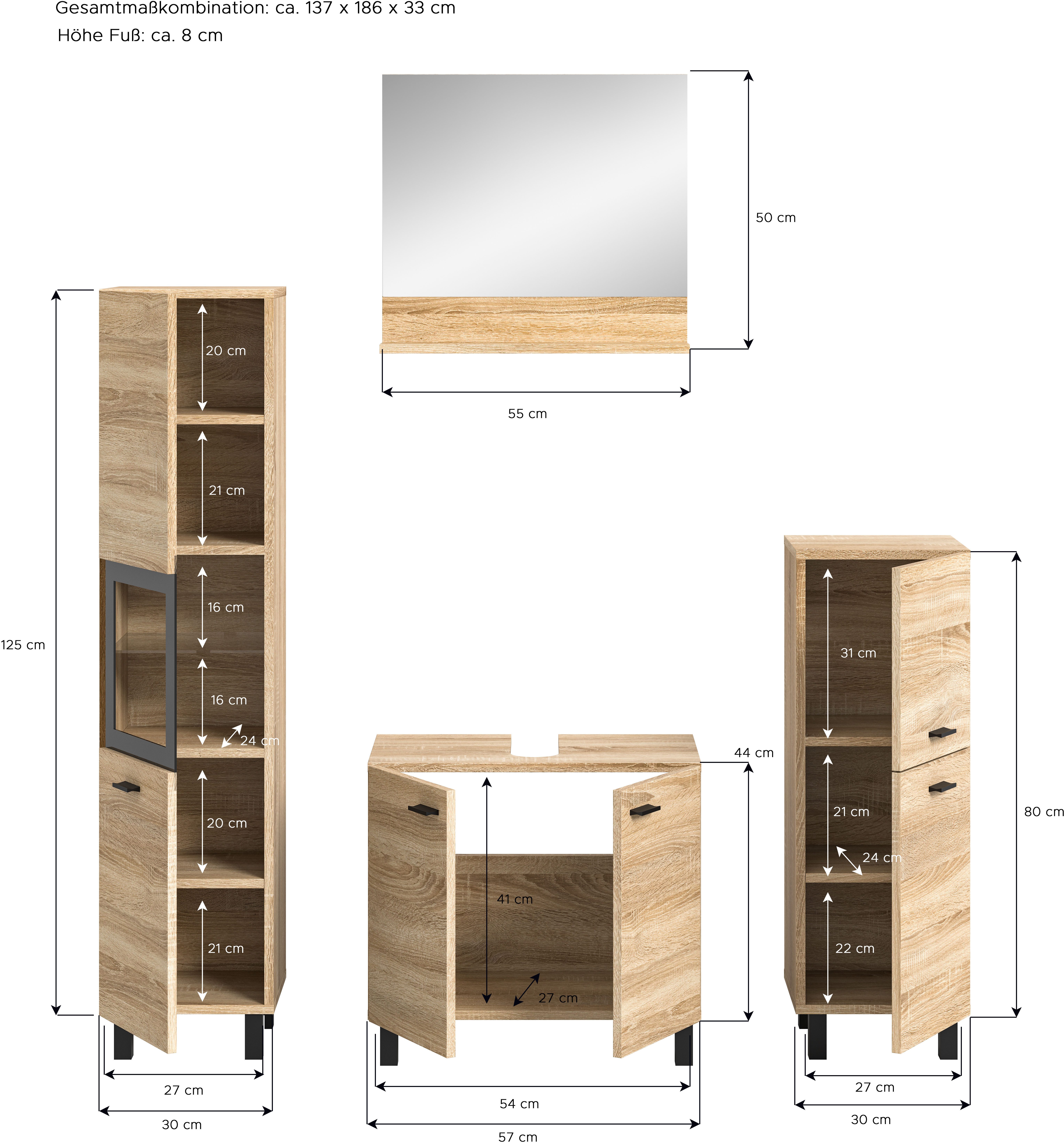 welltime Badmeubelset Tampa, breedte 137cm, 4-delig Wastafelonderkast, spiegel, hoge kast, midikast (4 stuks)