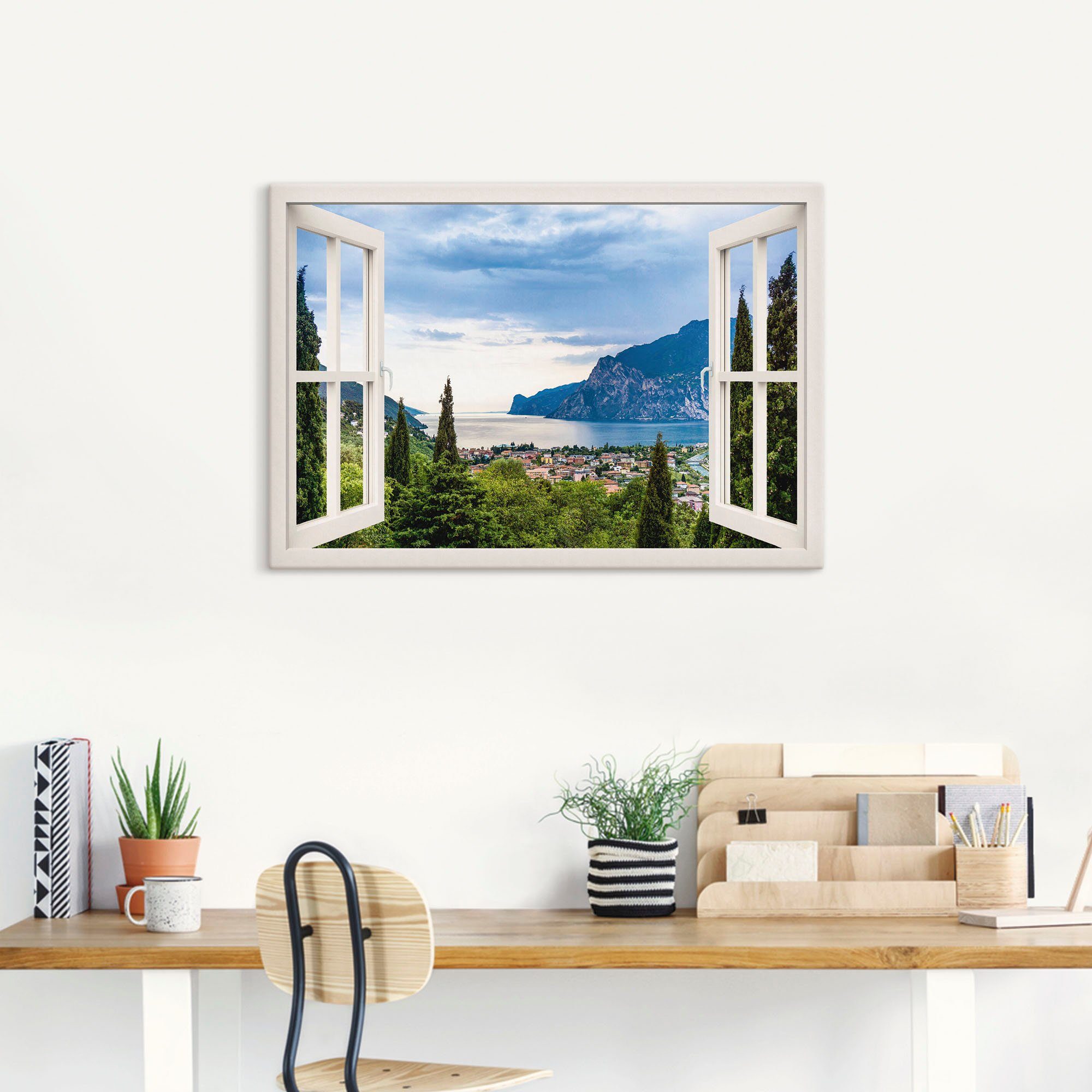 Artland Artprint Gardameer door het witte raam als artprint van aluminium, artprint voor buiten, artprint op linnen, poster, muursticker