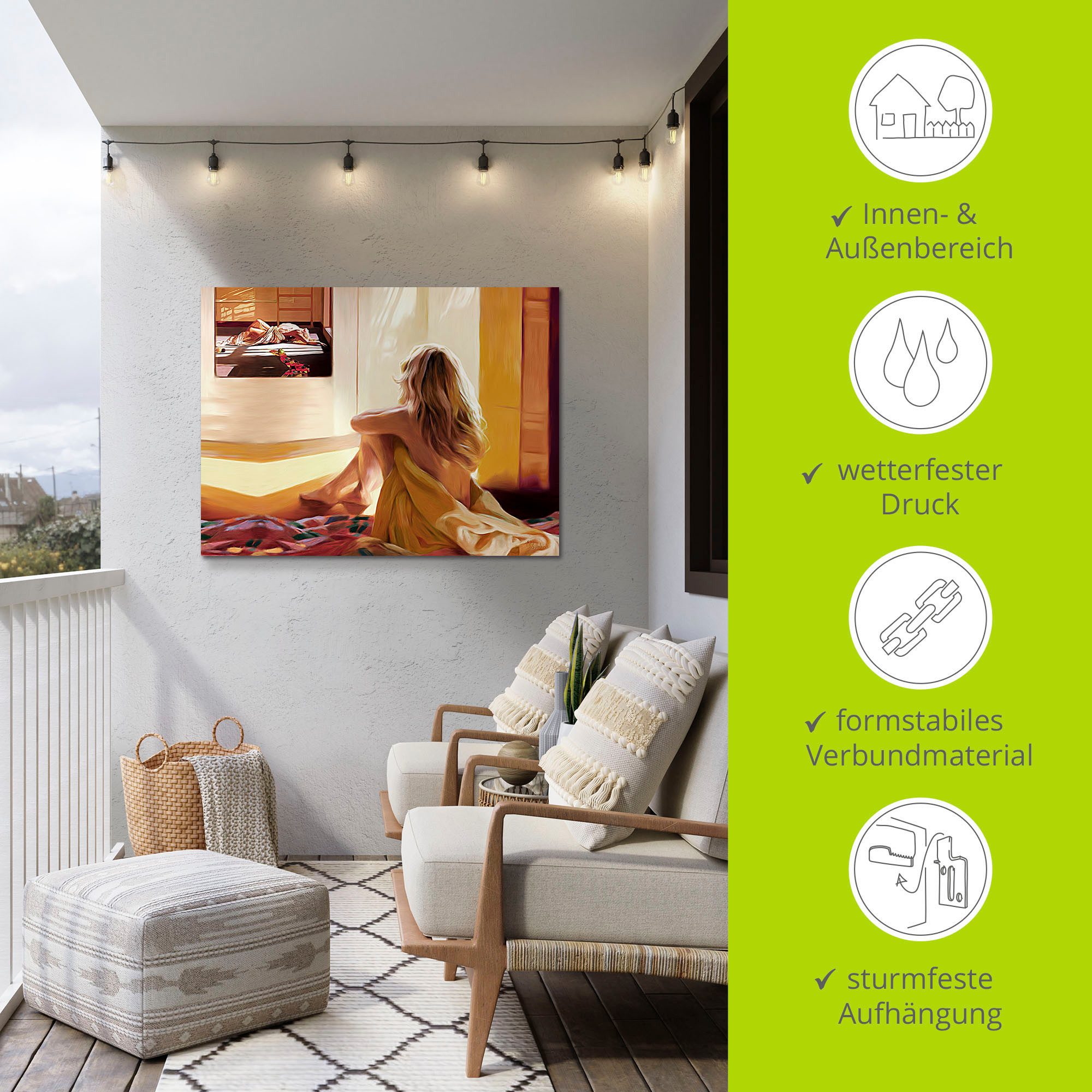 Artland Artprint Blond meisje zit op het bed als artprint van aluminium, artprint voor buiten, artprint op linnen in verschillende maten