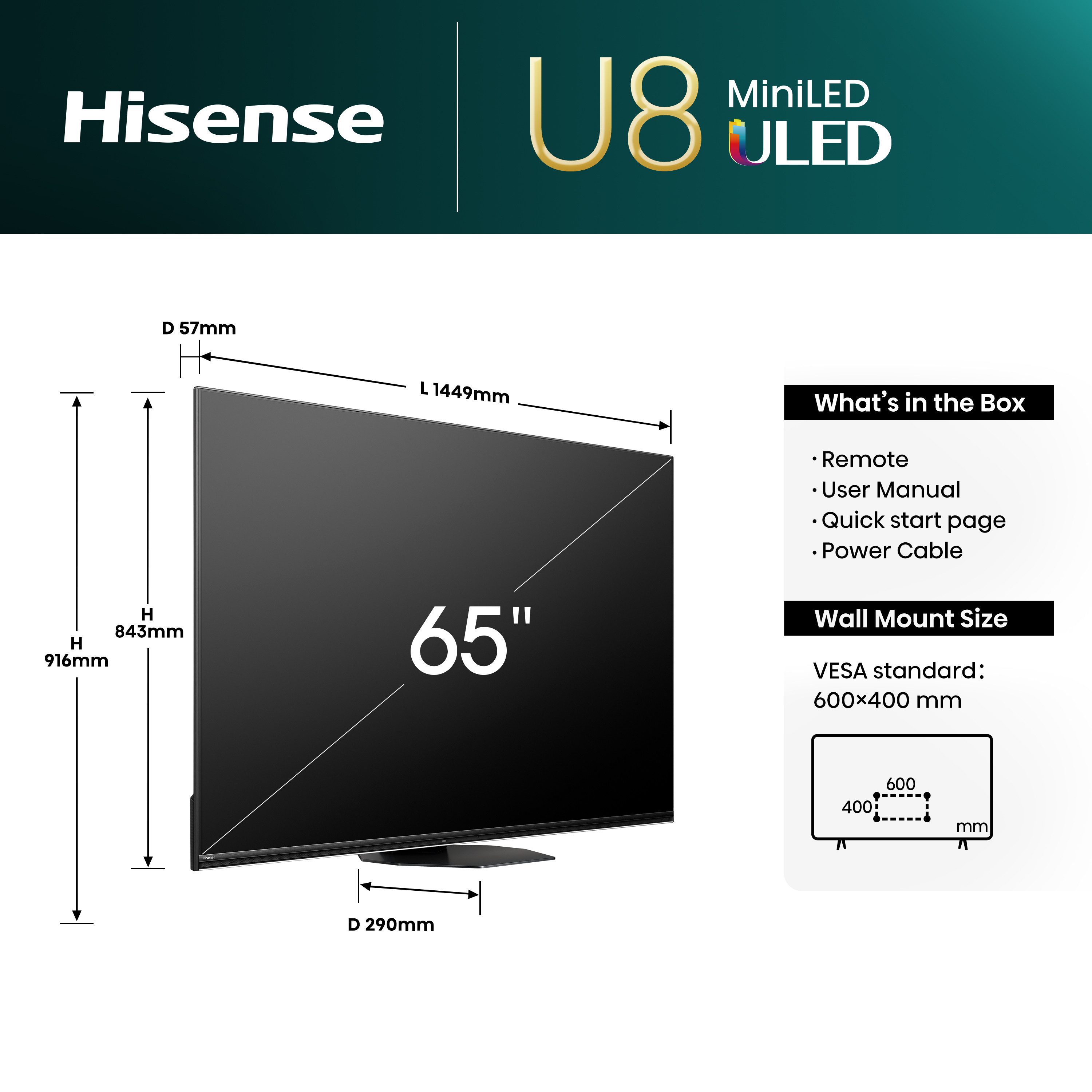 Hisense Mini-led-tv 65U8NQ, 164 cm / 65", 4K Ultra HD, Smart TV, 4k uhd, uled, mini led