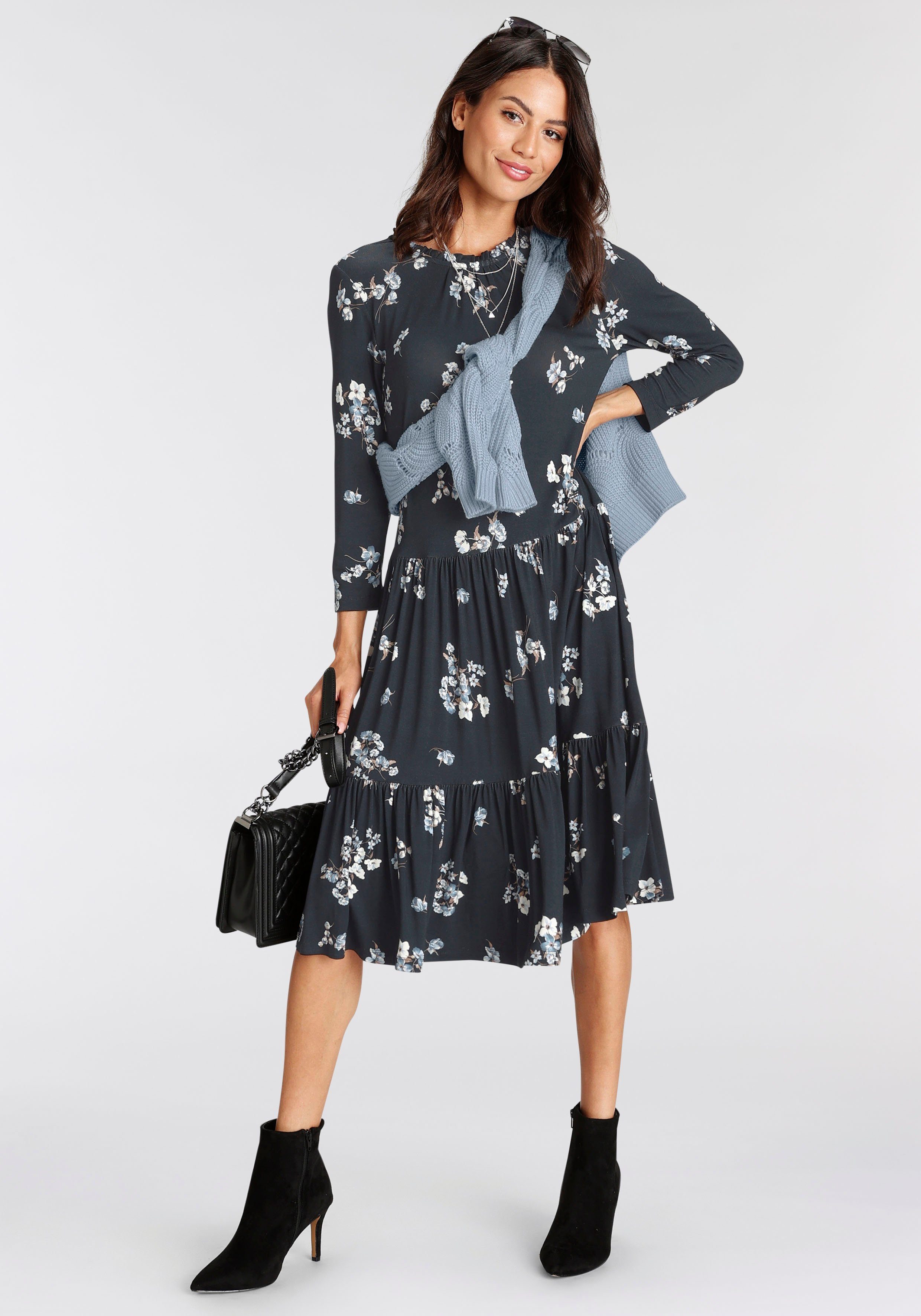 Laura Scott Jerseyjurk met ruches en bloemenpatroon