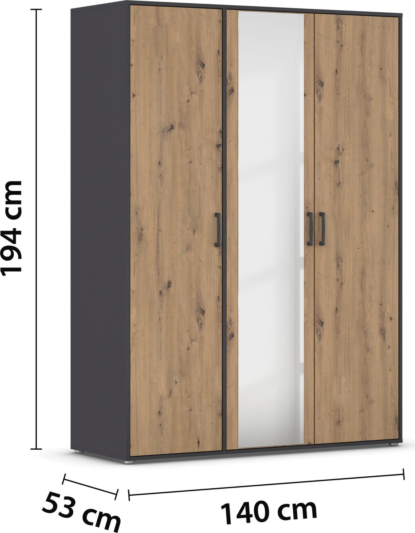 rauch Draaideurkast Voyager met moderne grepen in grijs-metallic en spiegel