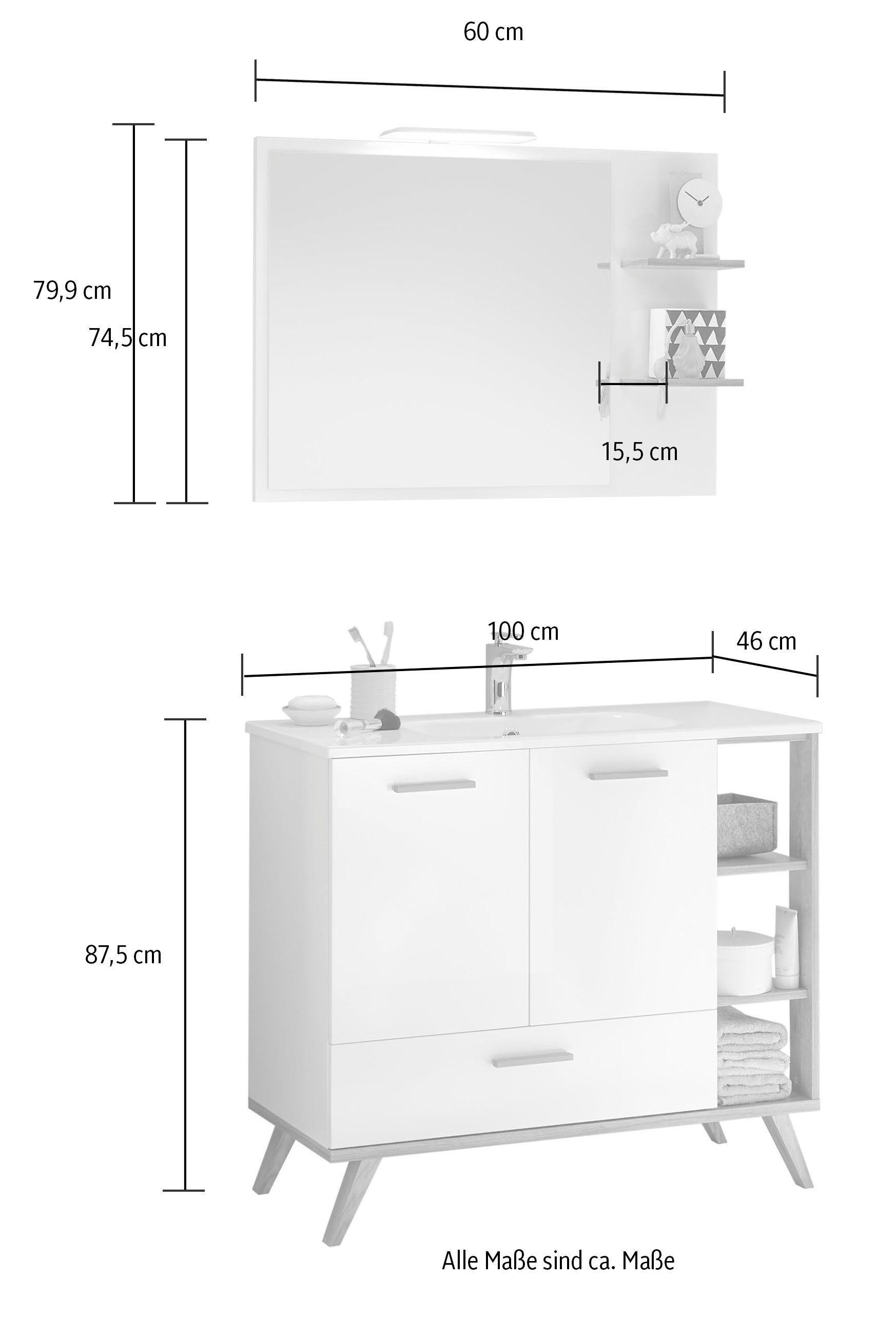 Saphir Badkamerserie Quickset mineraalmarmeren wastafel met led-spiegel, 101 cm breed Wastafelmeubel, 2 deuren, 1 lade, opzij legplanken, badkameraccessoireset (4-delig)