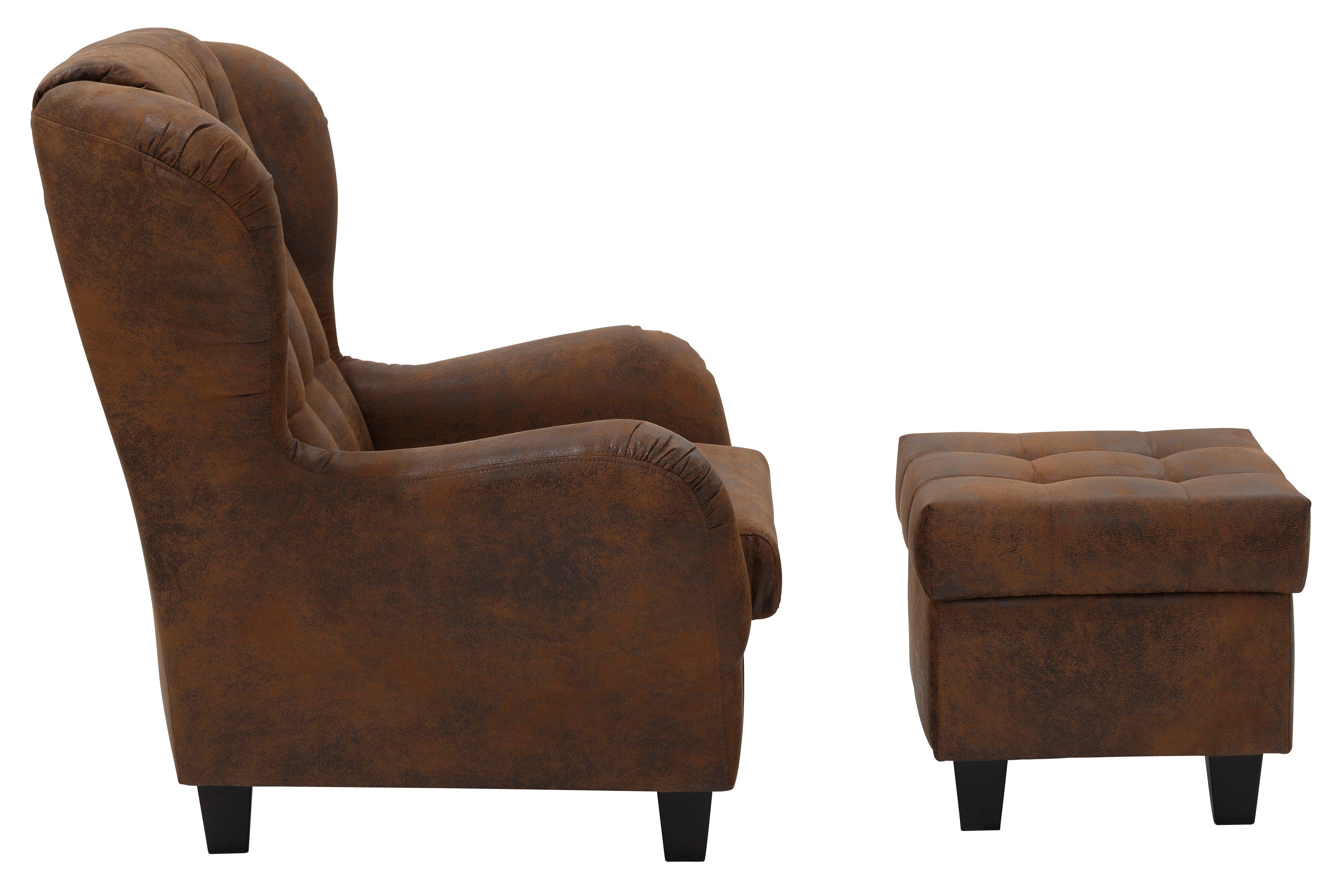 Home affaire Oorfauteuil Alexander incl. hocker, met stiksels, in vele kleuren (2 stuks)