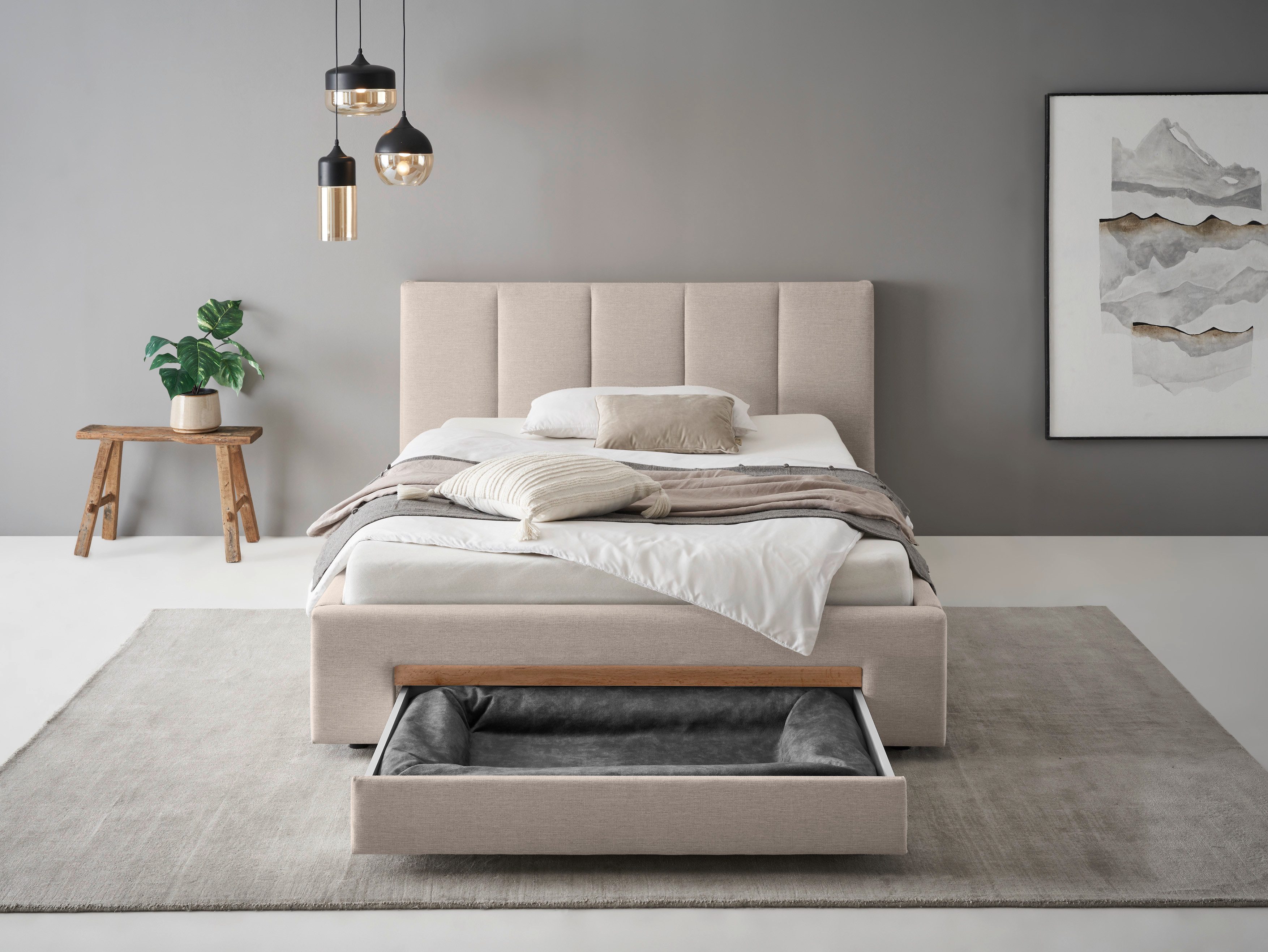 INOSIGN Gestoffeerd bed CiTY/GiRON, bedframe met bedlade, gestoffeerd opbergbed met hondenbed of opberglade, bekleding van corduroy of linnenlook