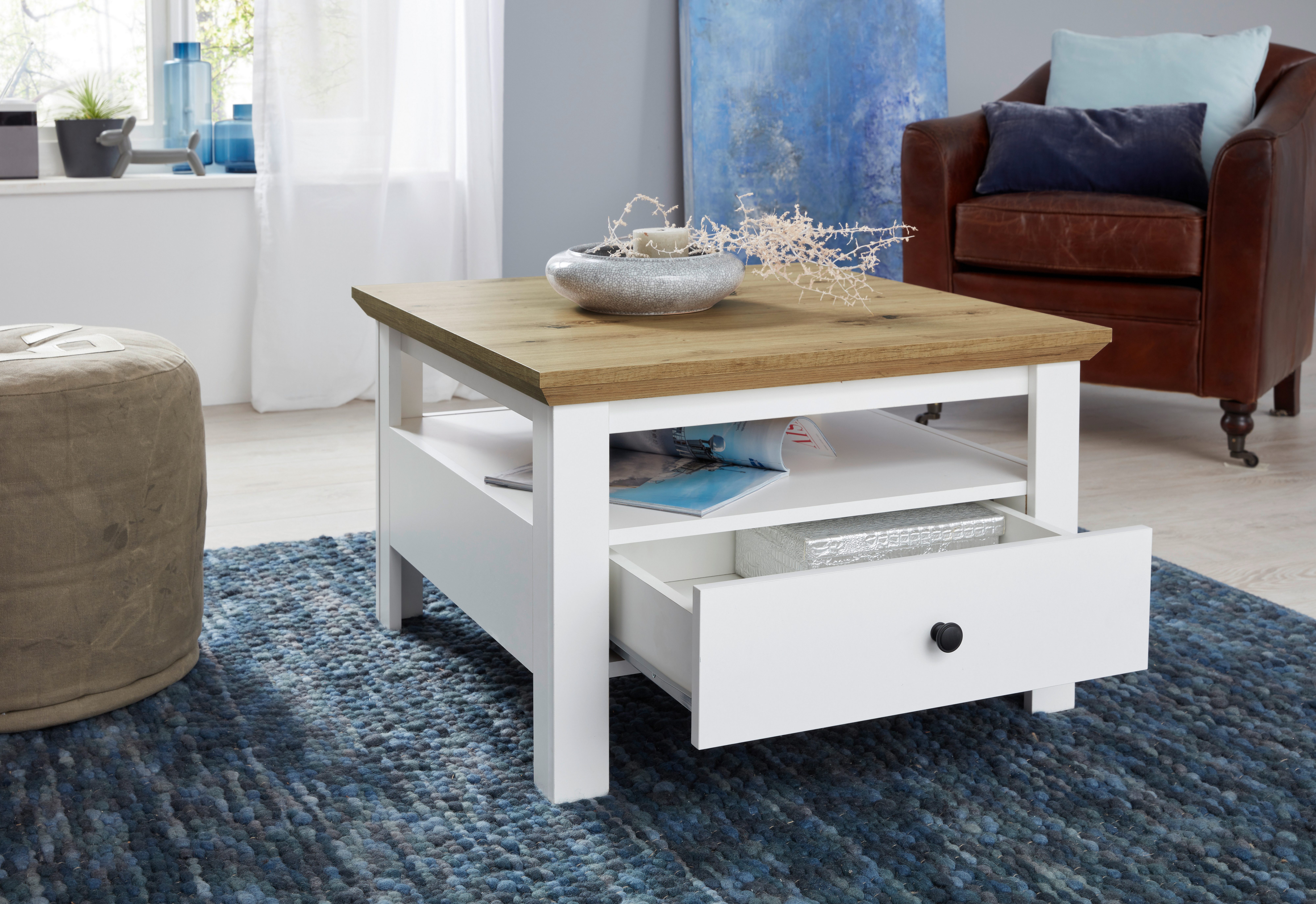 INOSIGN Salontafel Ulm Woonkamertafel in wit/eiken met afgeschuind bovenblad - 70/70 cm