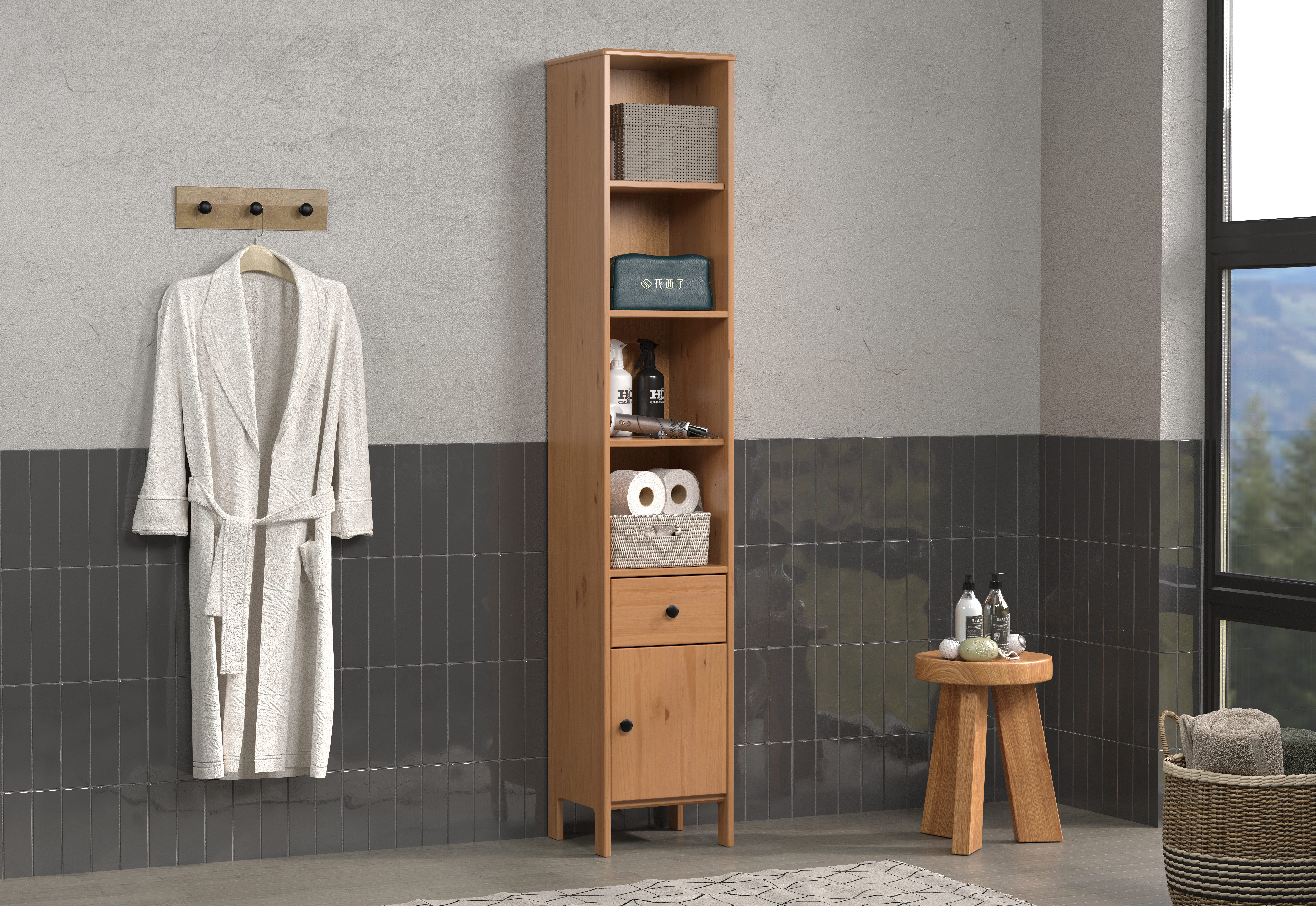 welltime Hoge kast Kall Badkast van massief grenenhout met lade - (B/D/H) 35/33/188 cm (1 stuk)