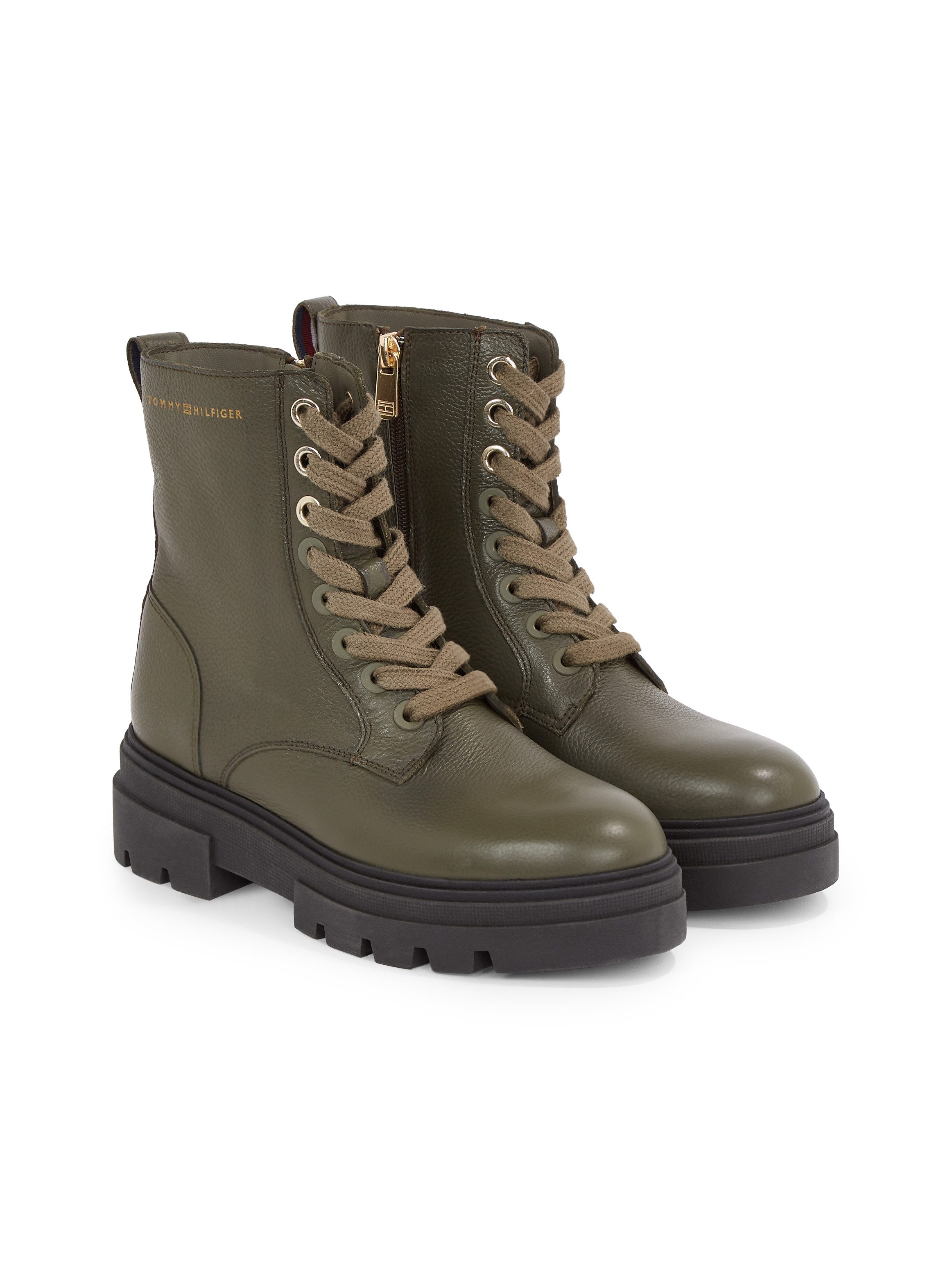 Tommy Hilfiger Veterschoenen BICOLOR LEATHER LACE-UP , plateau, veterschoenen, chunky boots, goudkleurige logo tekst