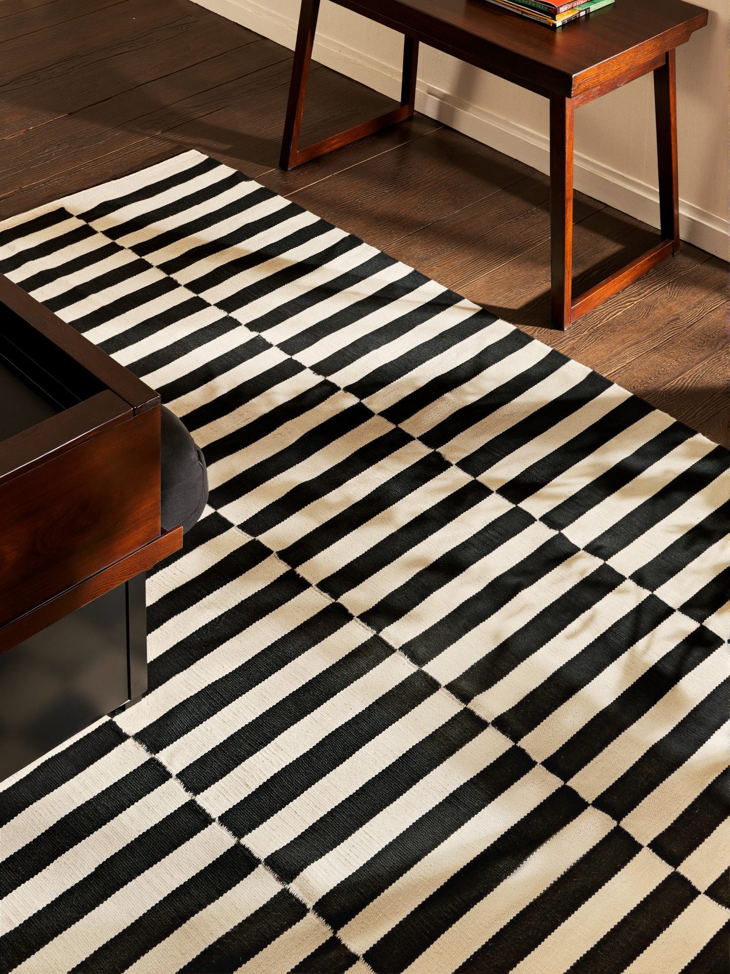HANSE Home Wollen kleed Donna, zwart-wit handgeweven, wol, natuur, loper, woonkamer, slaapkamer, strepen