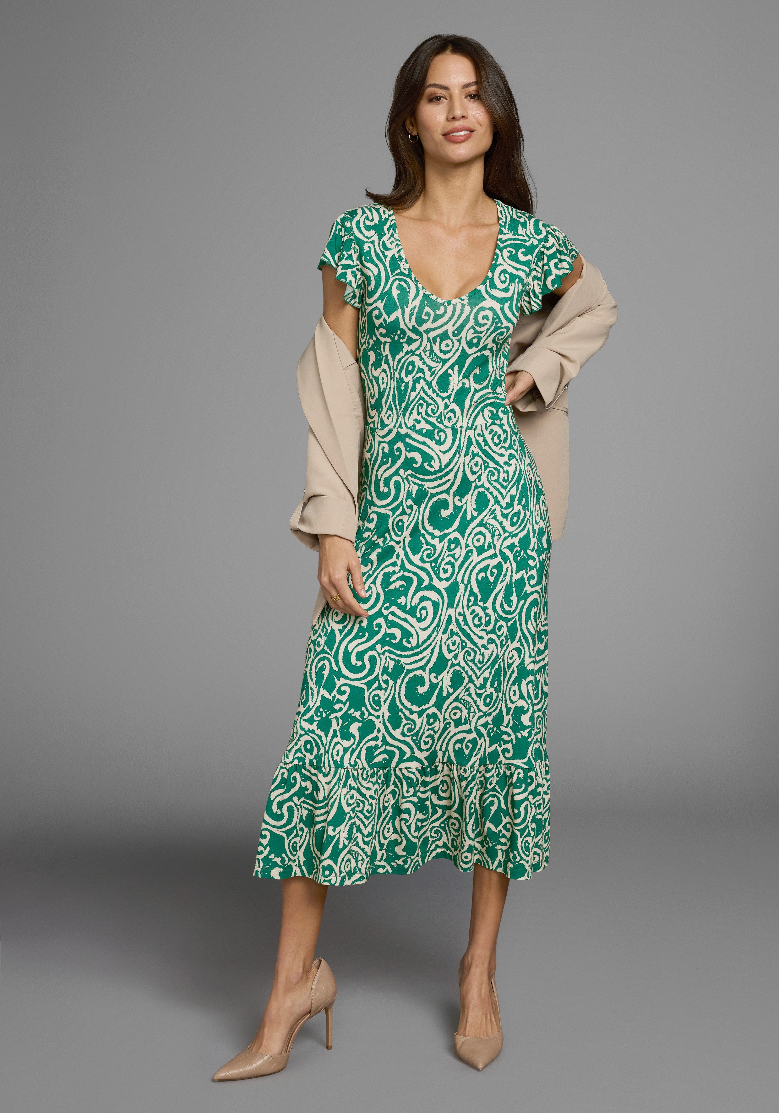 Laura Scott Midi-jurk met all-over print & licht geraffineerde vleugel mouwen - nieuwe collectie dames midi-jurken maat 48 groen