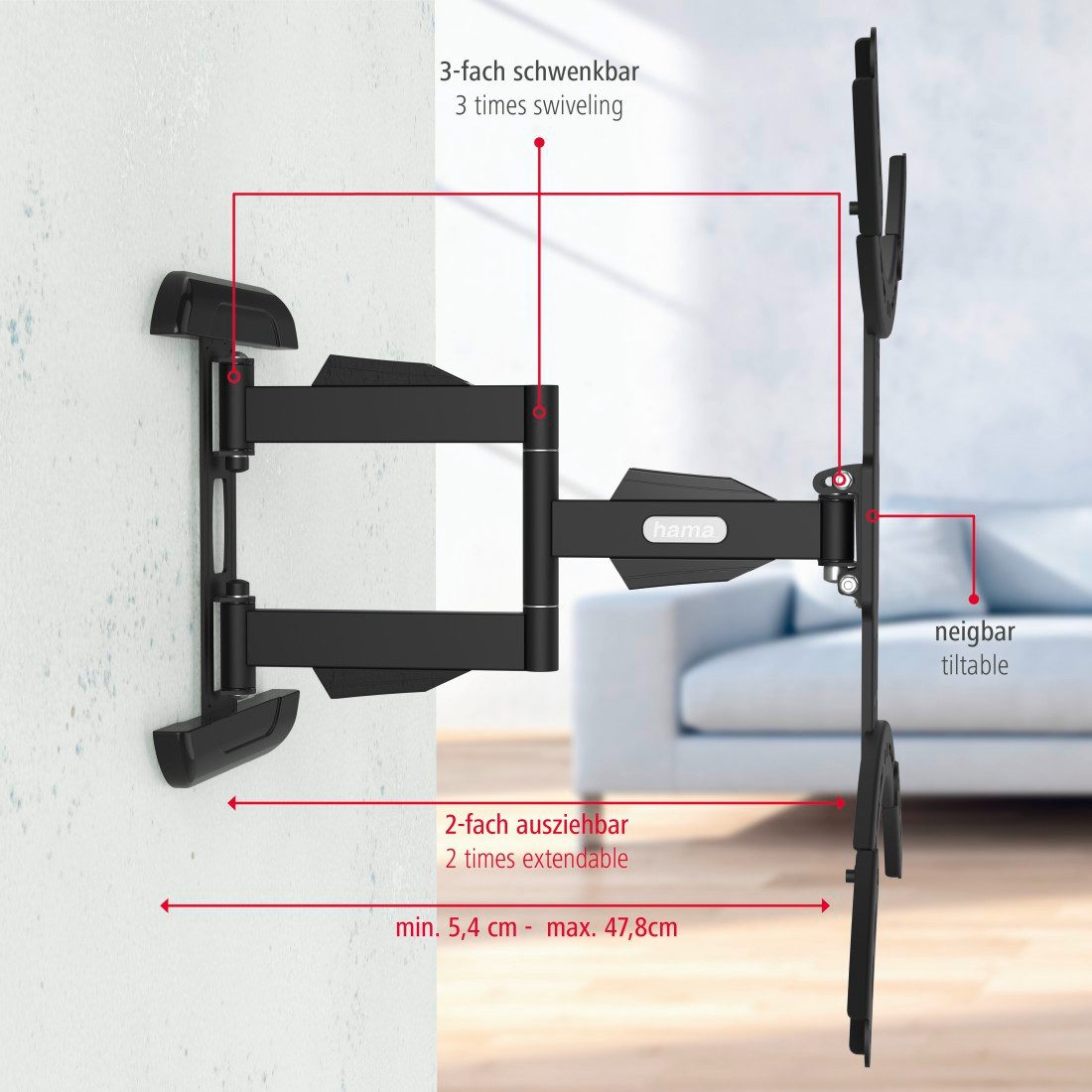 Hama Tv-wandhouder Beugel, draaibaar, kantelbaar, uitschuifbaar van 94 - 191 cm (37" - 75")