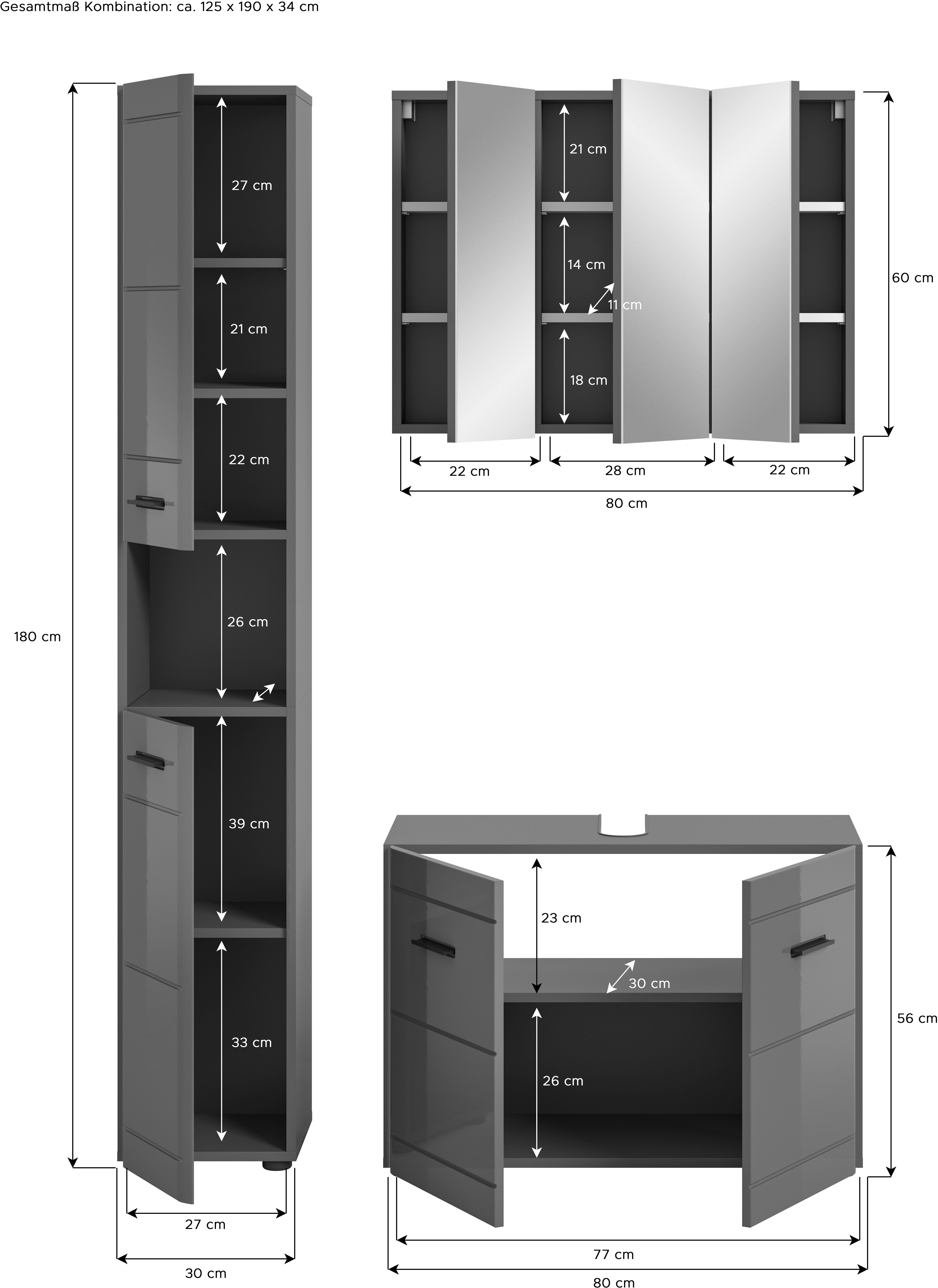 welltime Badmeubelset Doux, bestaande uit: hoge kast, wastafelonderkast Spiegelschrank, hoogwaardige hoogglans MDF front met groeffrasing (3 stuks)