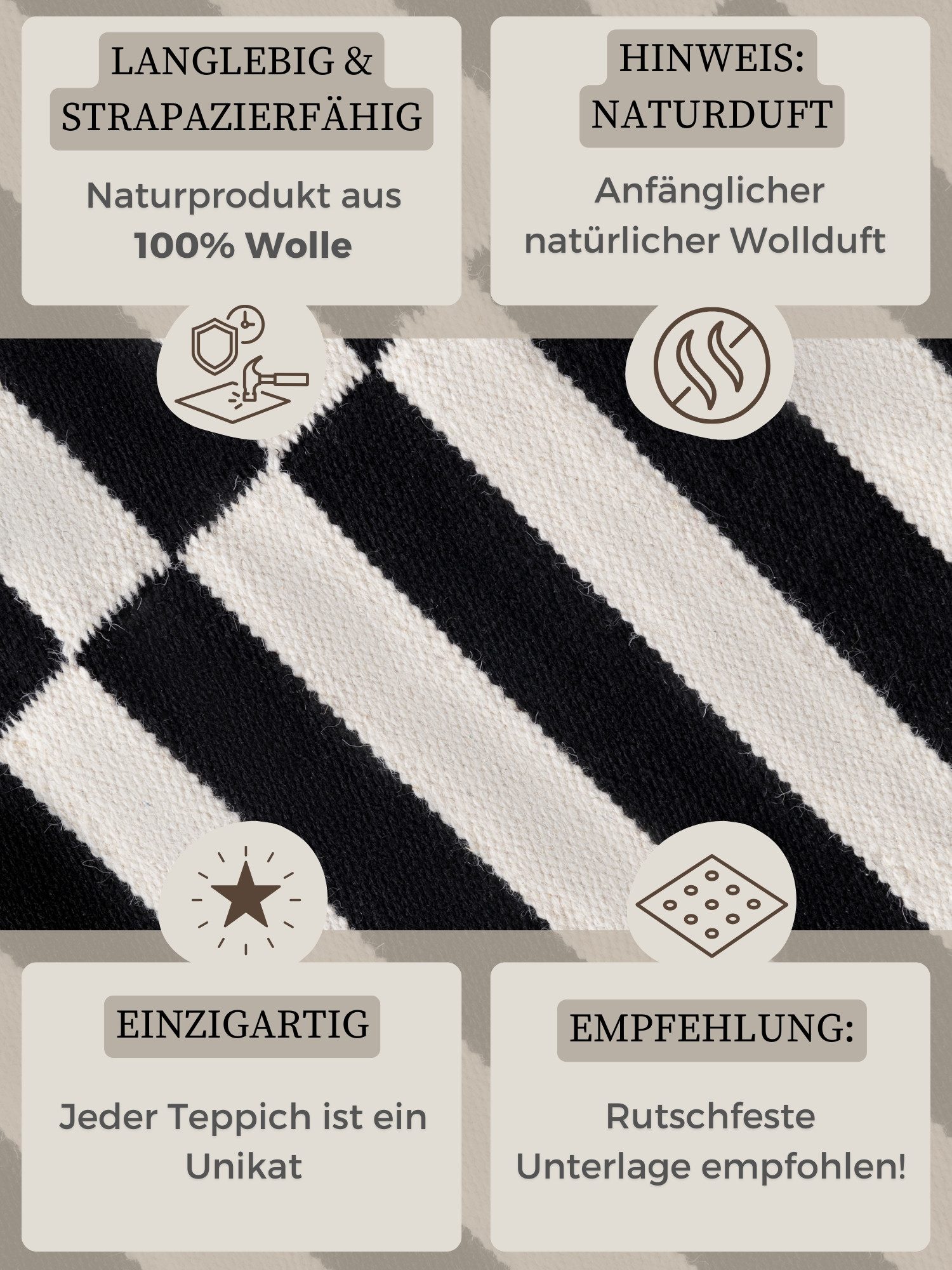HANSE Home Wollen kleed Donna, zwart-wit handgeweven, wol, natuur, loper, woonkamer, slaapkamer, strepen