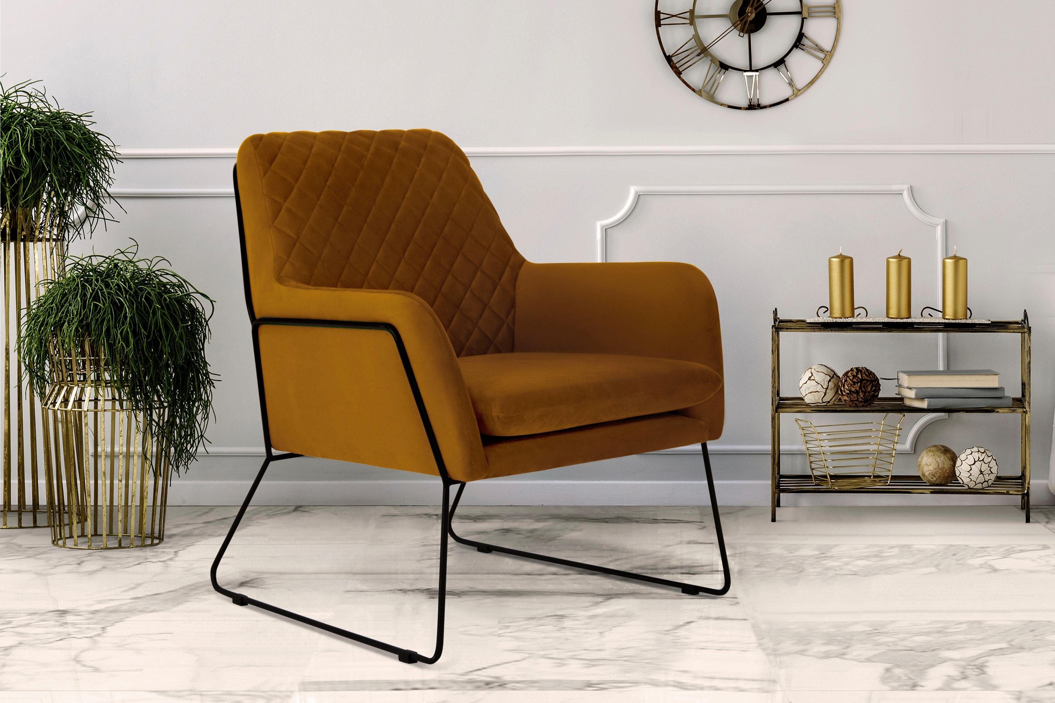 Leonique Fauteuil Olo cocktailsessel met ruit-stempeldruk in de rugleuning en beugelonderstel van metaal fauteuils goud