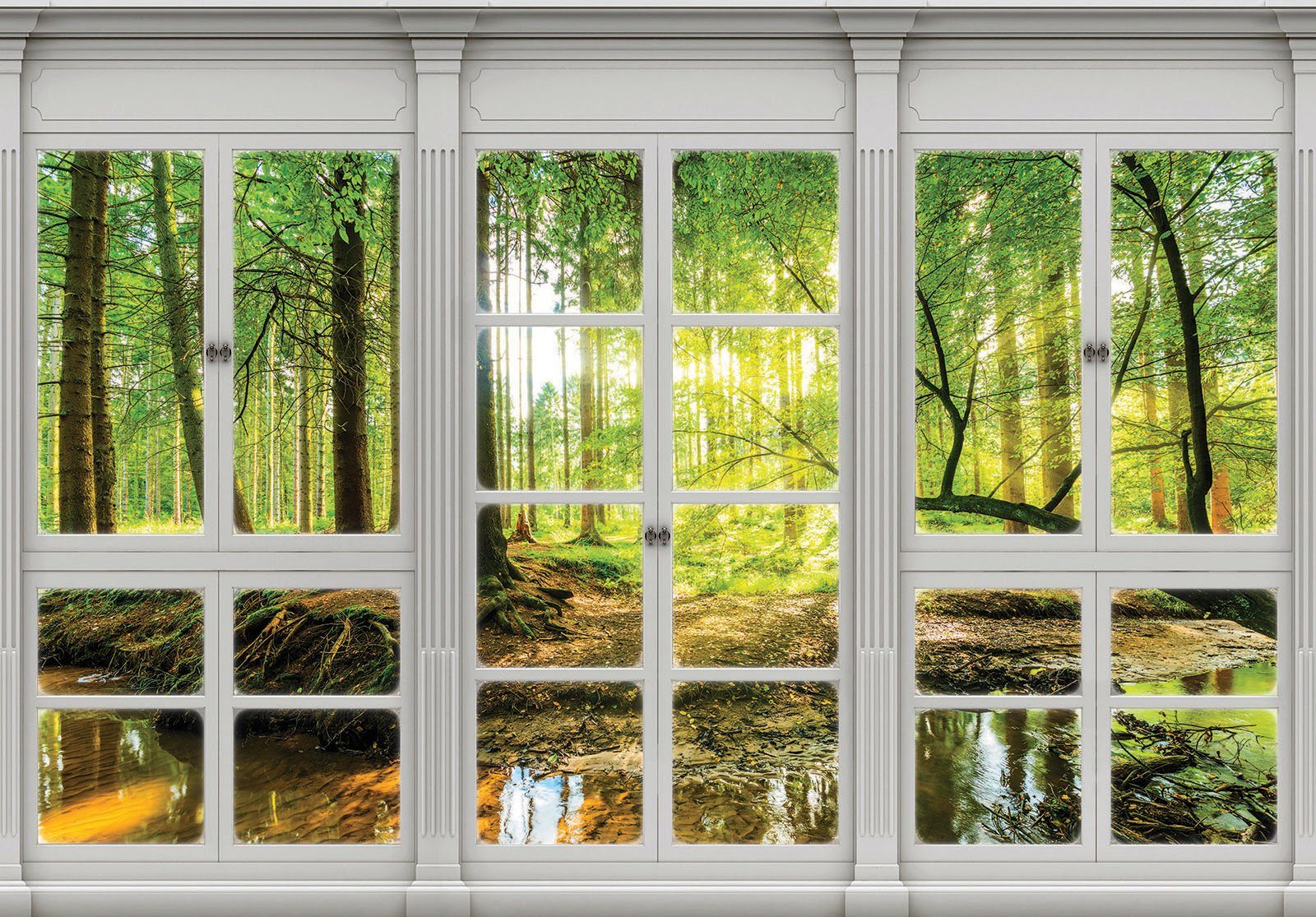Consalnet Vliesbehang Zonnewoud blik uit het venster verschillend motiefformaten, voor het kantoor of woonkamer