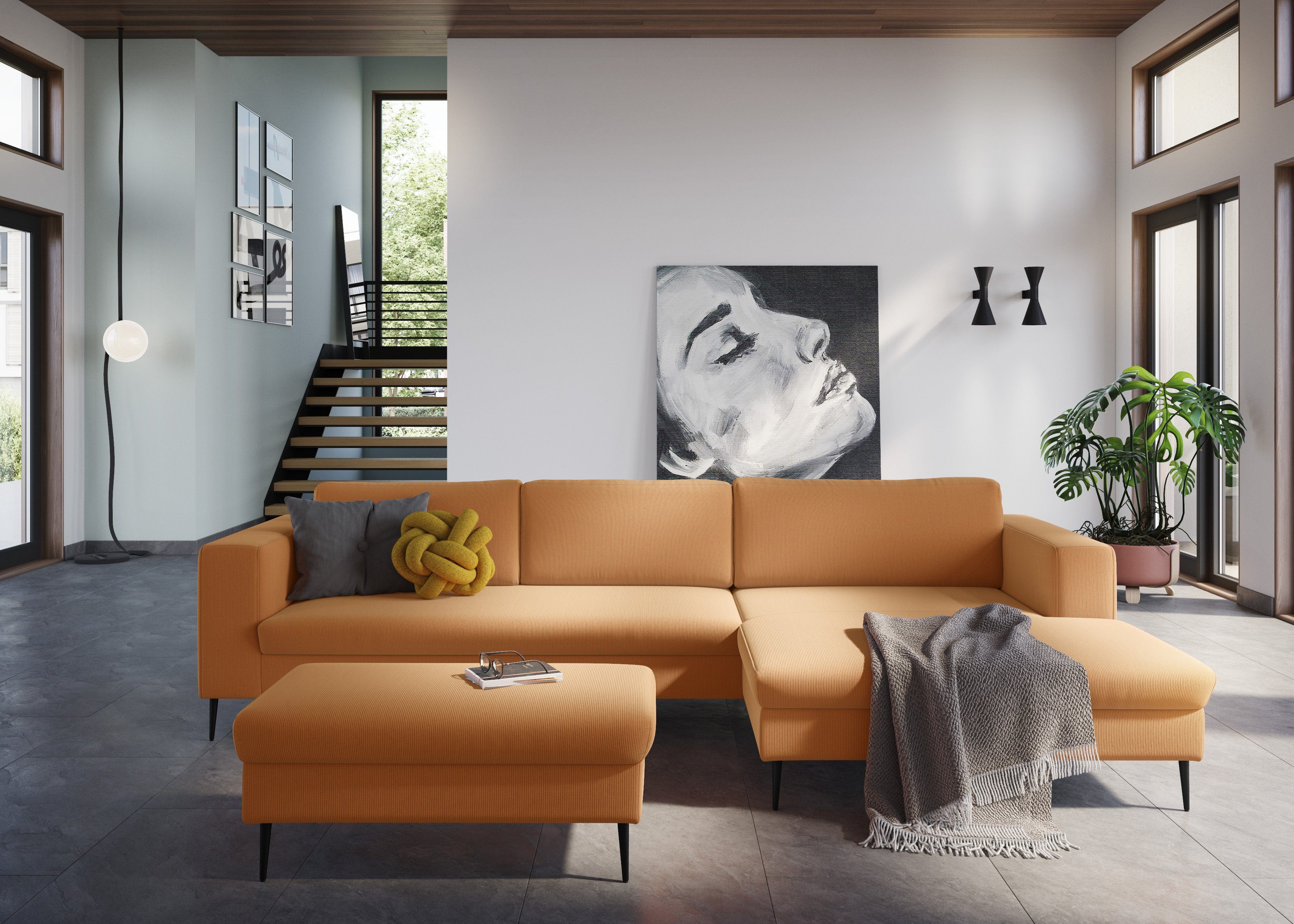 DOMO collection Hoekbank Modica, tijdloos en elegant, L-vorm moderne uitstraling met ruime recamière, ook in cord
