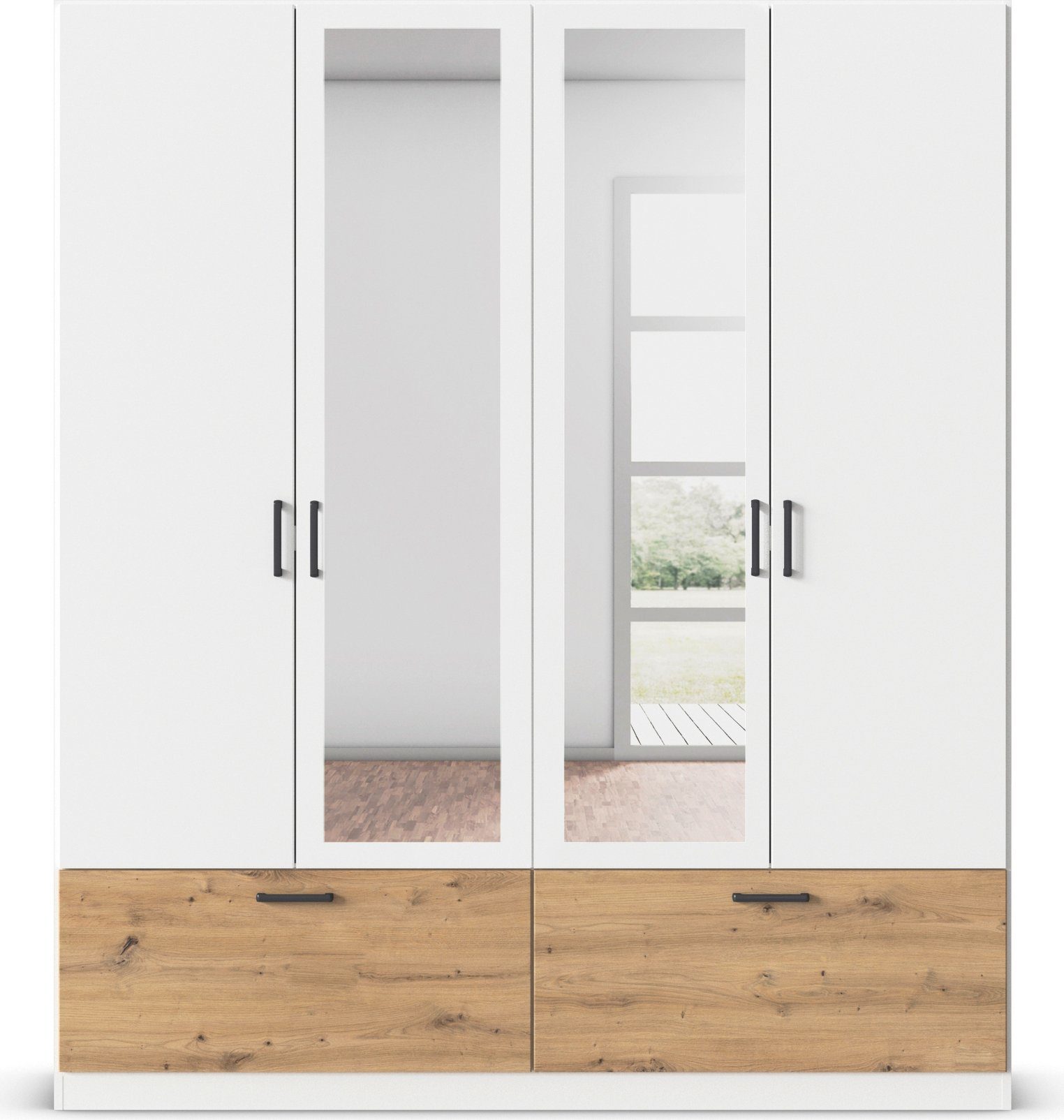 rauch Draaideurkast Kledingkast kast garderobe waskast BARI met spiegel met lades en moderne greep in grijs metallic made in germany
