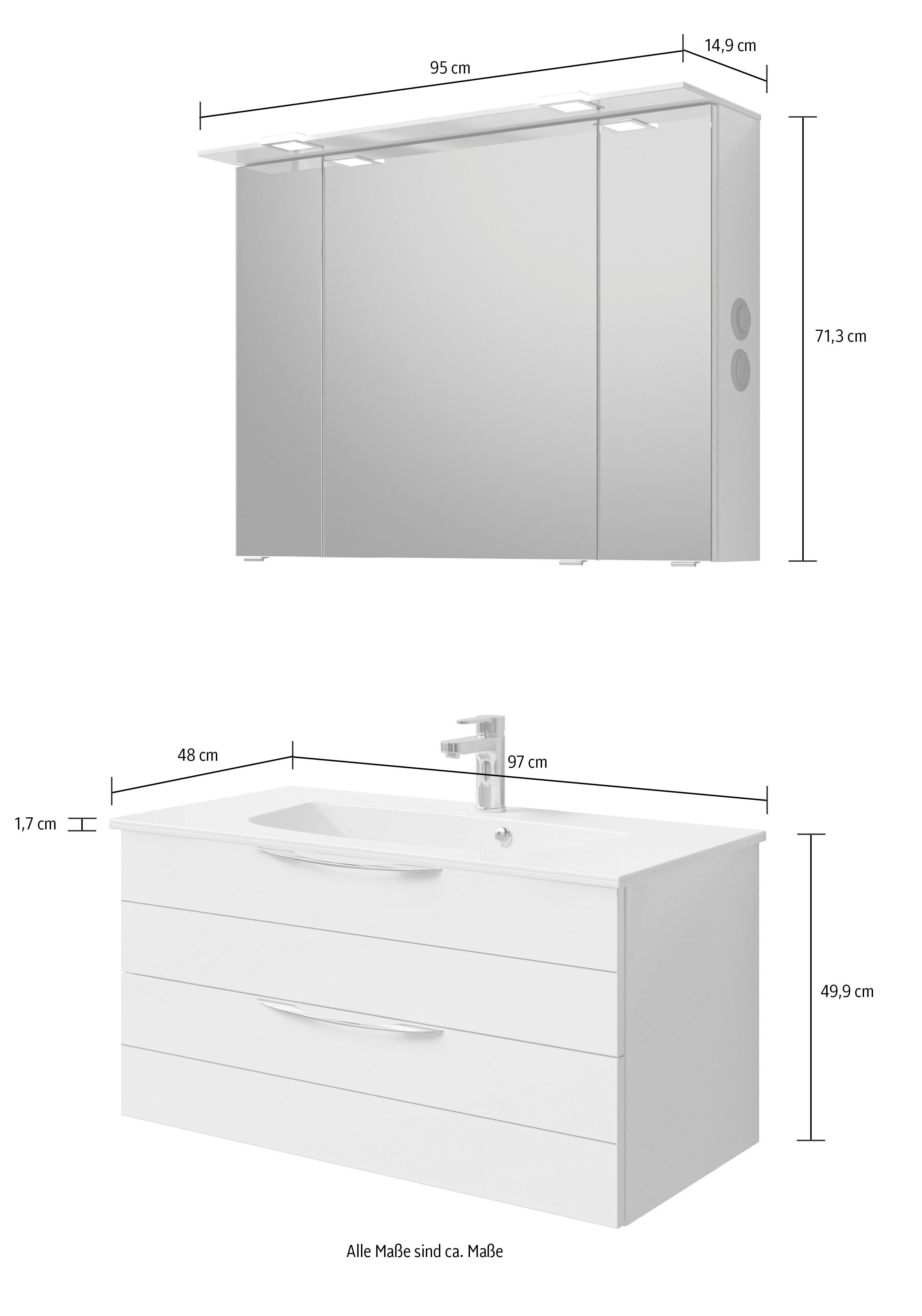 Saphir Badkamerserie Serie 6025 2-delig, mineraalmarmeren wastafel met led-spiegelkast Wastafelmeubel 97 cm breed, 2 laden, 3 spiegeldeuren, incl. deurdemper (2-delig)