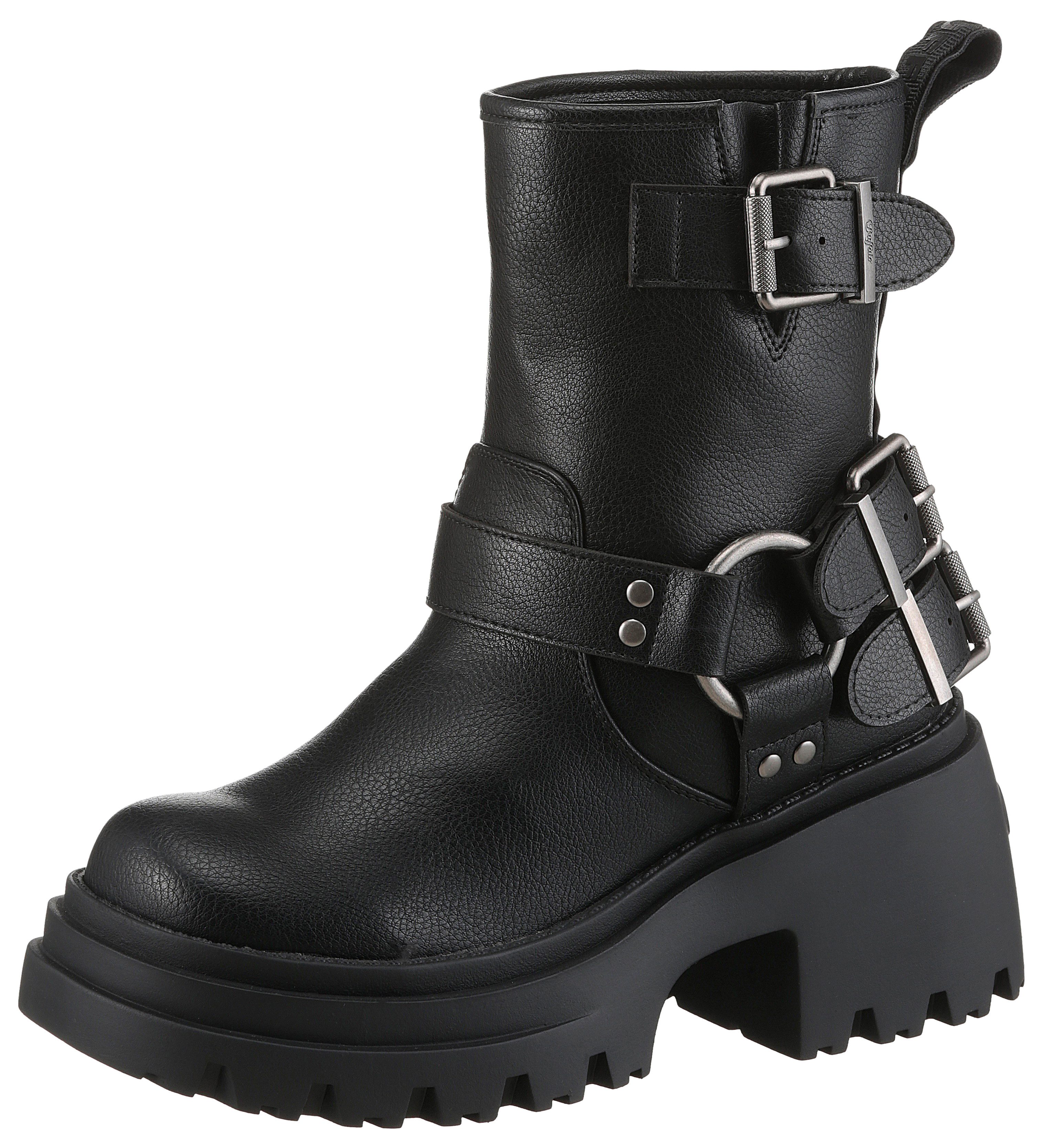 Buffalo Bikerboots BRAVR BIKER LO biker enkellaars, plateaustiefelette, blokhak, met decoratieve gespen