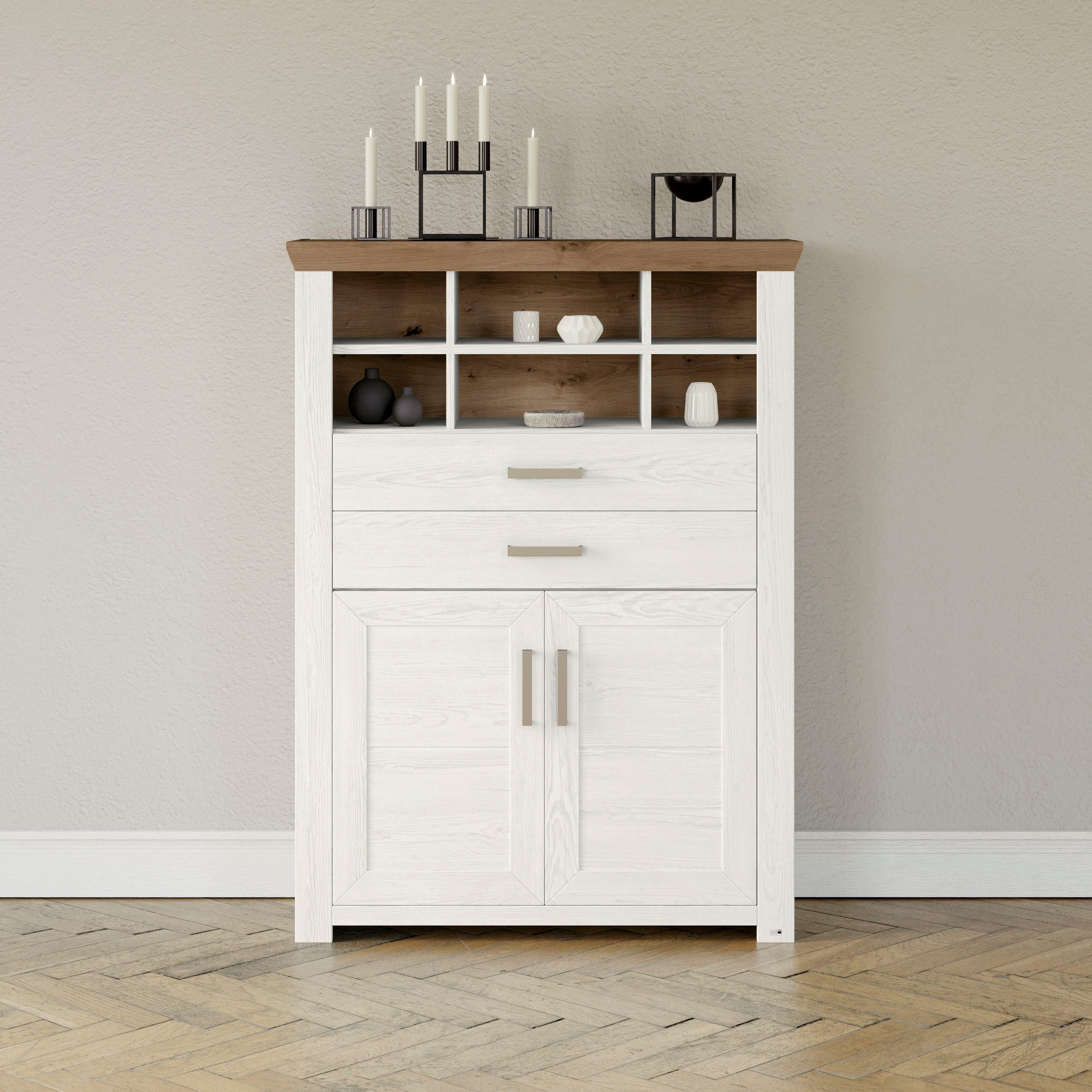 set one by Musterring Highboard York Type 16, met houten deuren en lade, verlichting optioneel, B 105 cm highboards wit