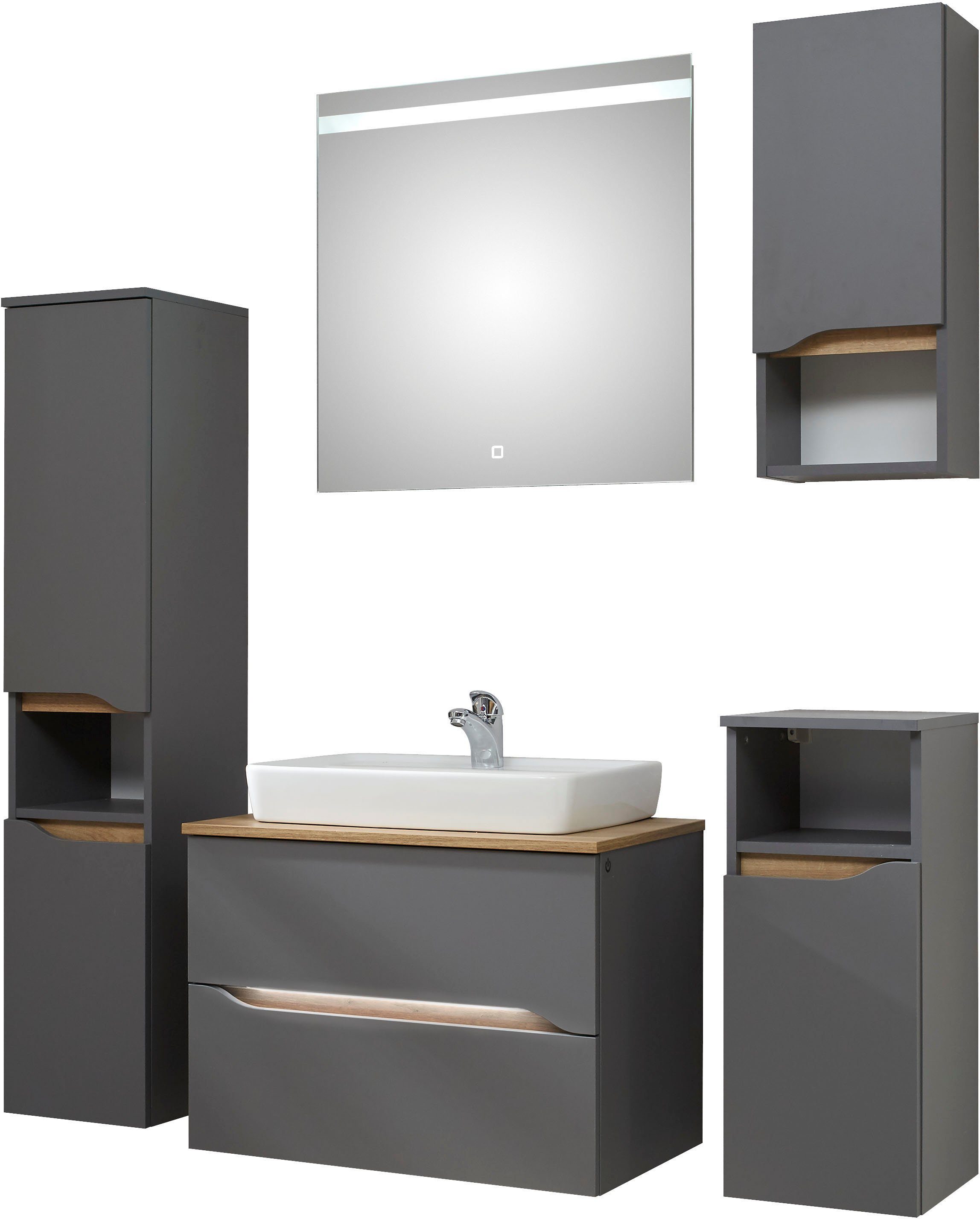 Saphir Badkamerserie Quickset 5-delig, keramieken opzetwasbak met led-spiegel Halfhoge kast, onderkast, hangend kastje, inclusief deurdemper, 6 deuren (8-delig)