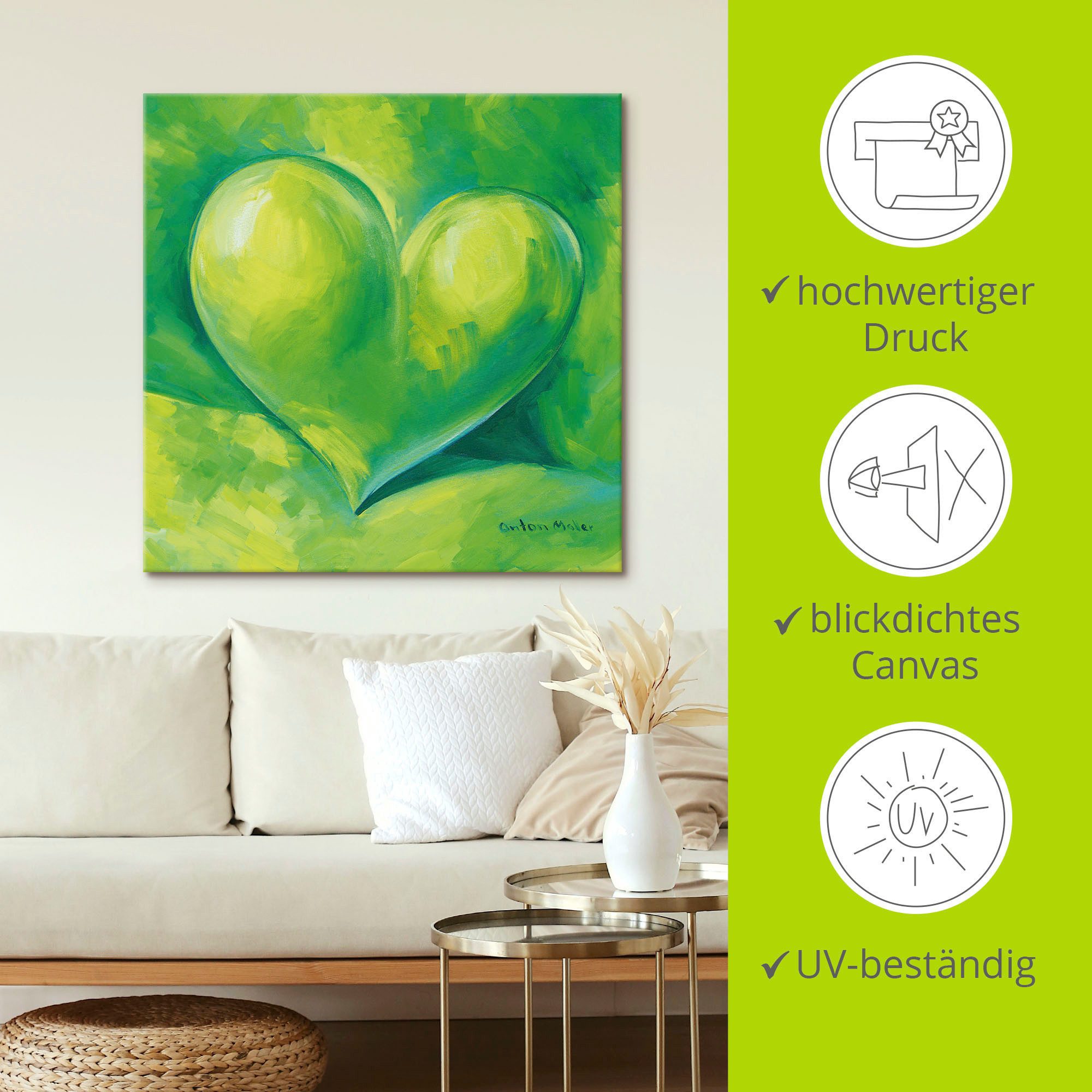 Artland Artprint op linnen Groen hart gespannen op een spieraam
