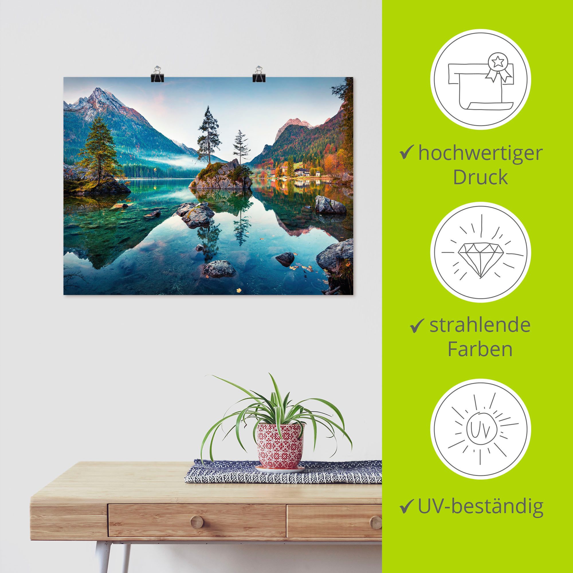 Artland Artprint Herfstscène van de Hintersee voor de Alpen als artprint van aluminium, artprint voor buiten, artprint op linnen, poster, muursticker