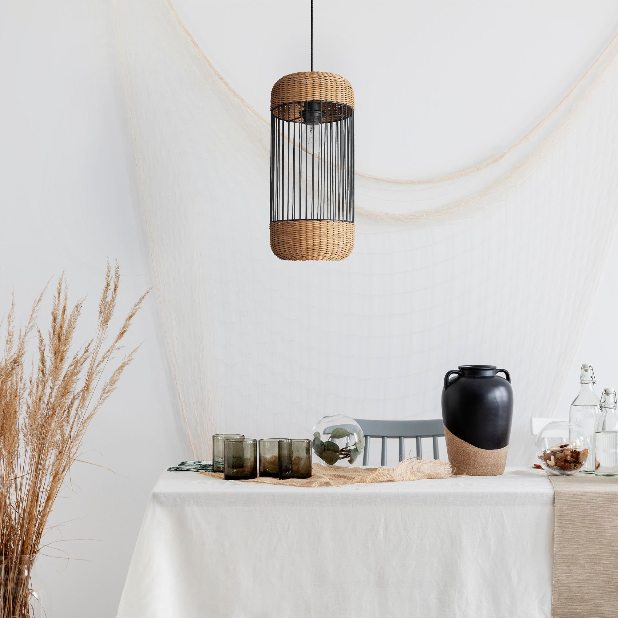 Paco Home Hanglamp PUSTA Rattan eetkamer lamp pendellamp Boho cilinder rustiek E27