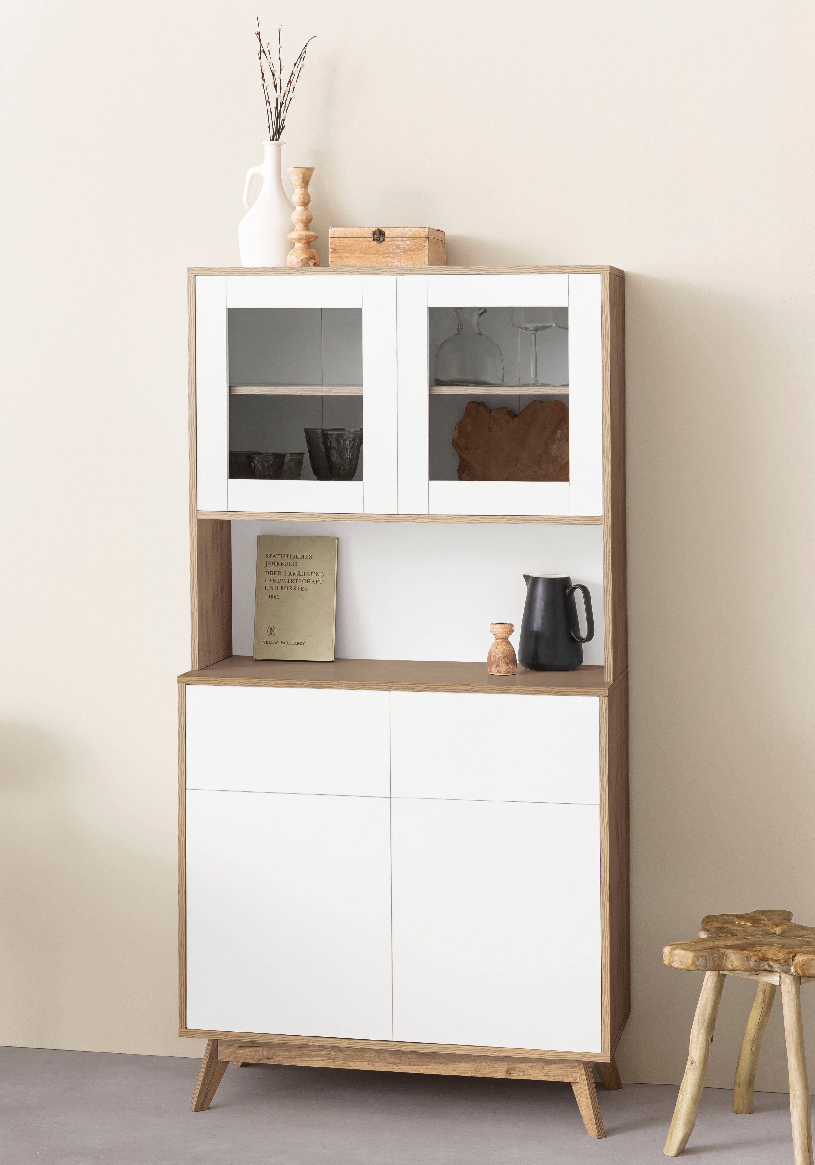 Home affaire Buffetkast Skandi 2 glasdeuren, 2 houten deuren en 2 laden, breedte 84 cm, hoogte 165 cm