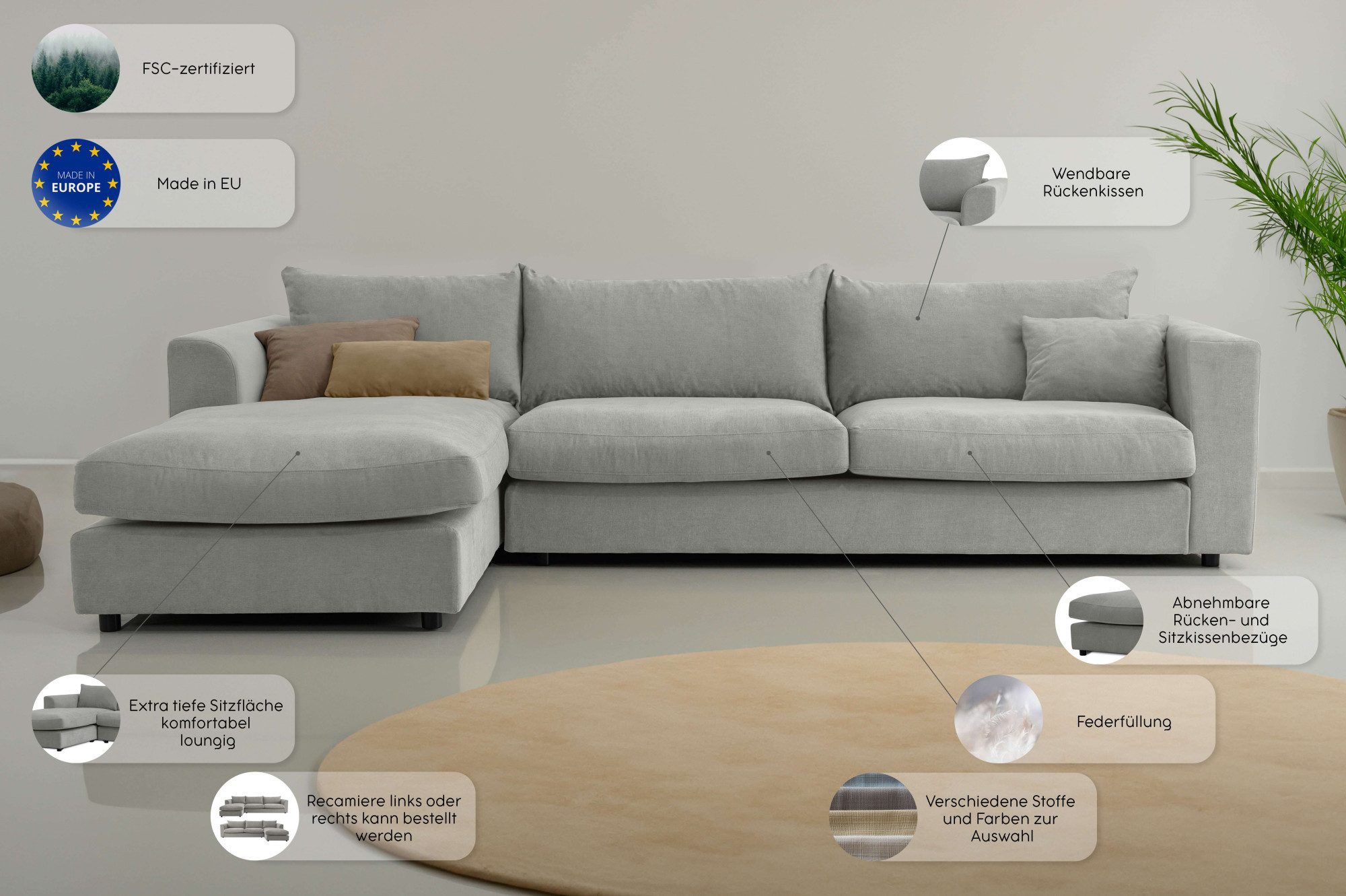 LeGer Home by Lena Gercke Hoekbank Avelina Breedte 297 cm, in cord- en chenille-stof, rugkussen met veren (2-delig)