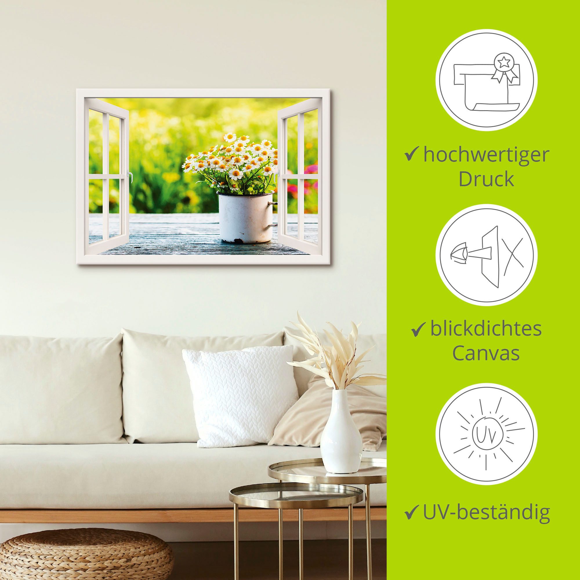 Artland Artprint Blik uit het venster tuin met madeliefje als artprint van aluminium, artprint op linnen, muursticker, verschillende maten