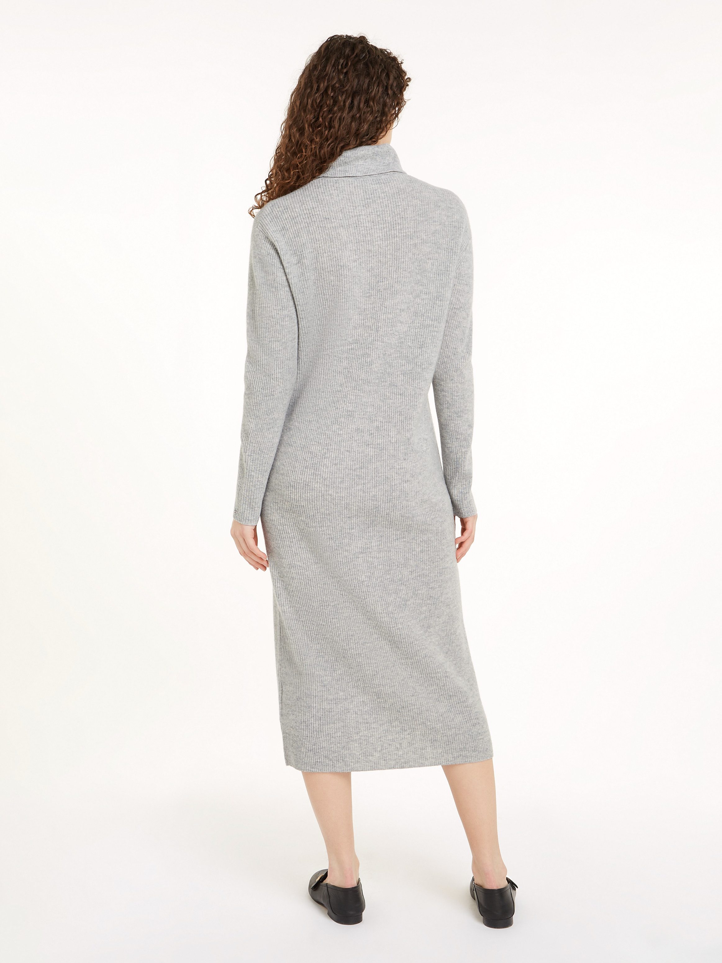 Tommy Hilfiger Gebreide jurk WOOL CASH ROLL-NK LONG DRESS met logo-borduursel in riblook