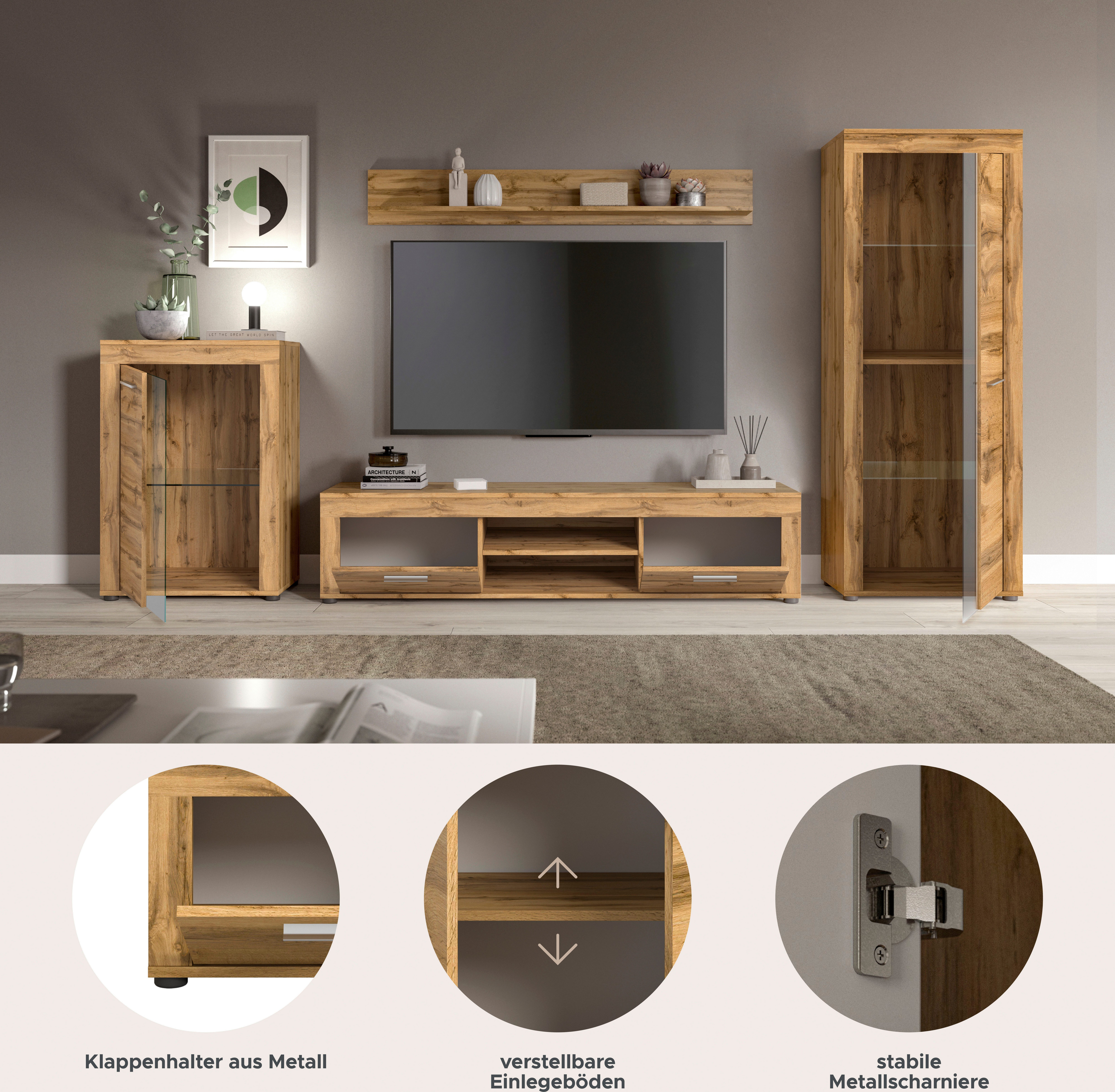 INOSIGN Wandmeubel Aosta, 4-delig, bestaande uit: vitrinekast, lowboard, wandplank & hoge vitrinekast (4 stuks)