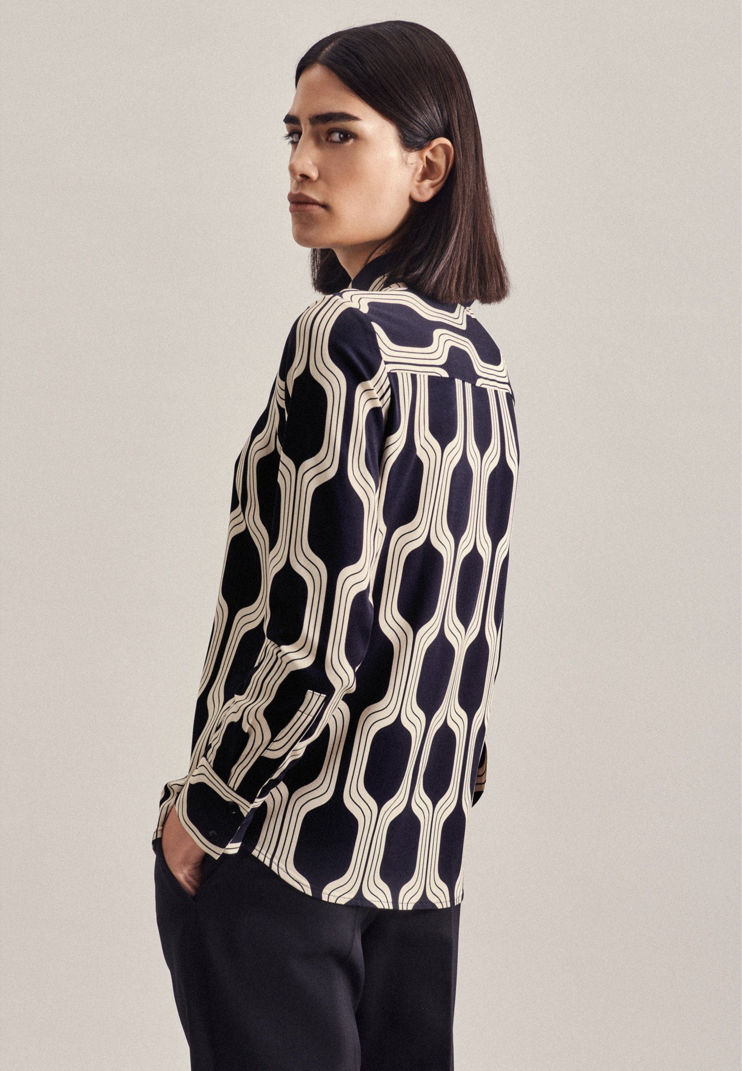 seidensticker Overhemdblouse Zwarte roos Lange mouwen kraag print