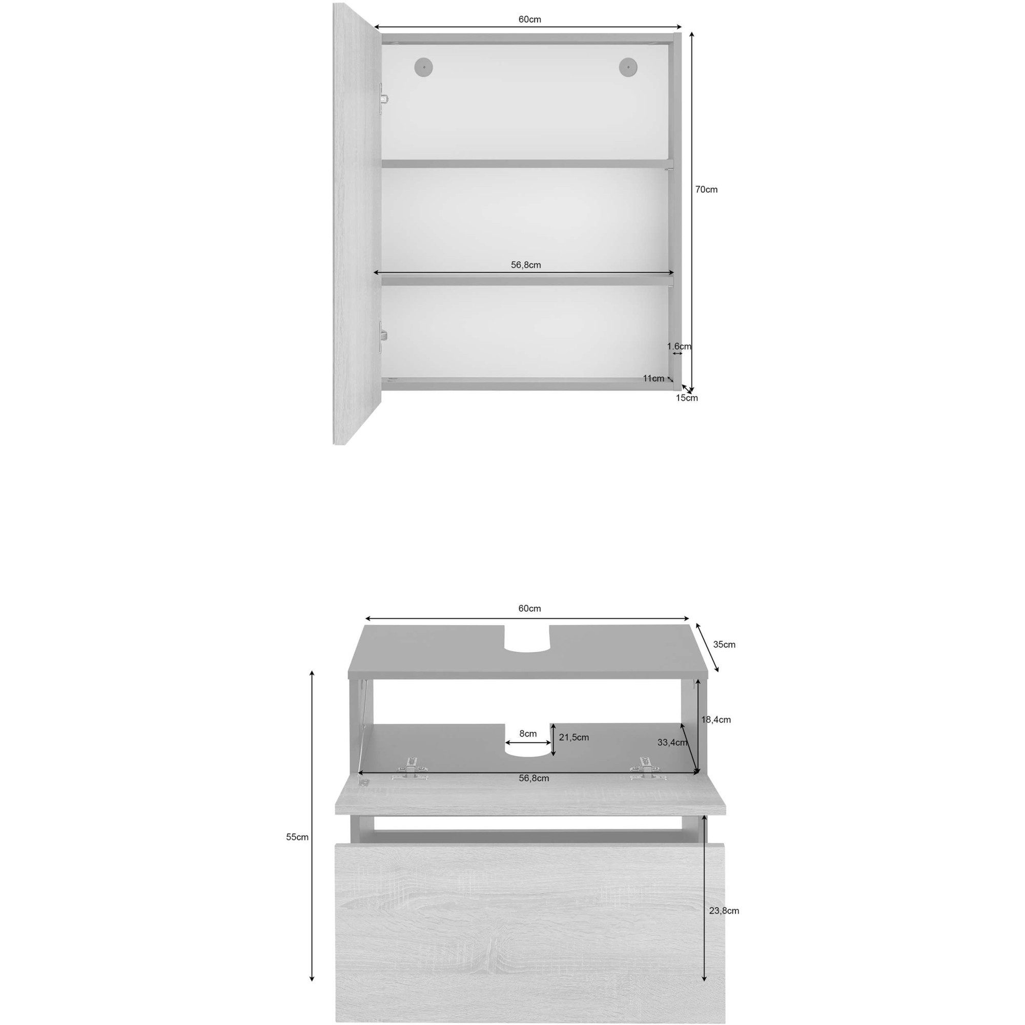 Home affaire Badmeubelset Wisla Spiegelschrank, WBU met sifonaansluiting en push-to-open, breedte 60 cm (set, 2 stuks)