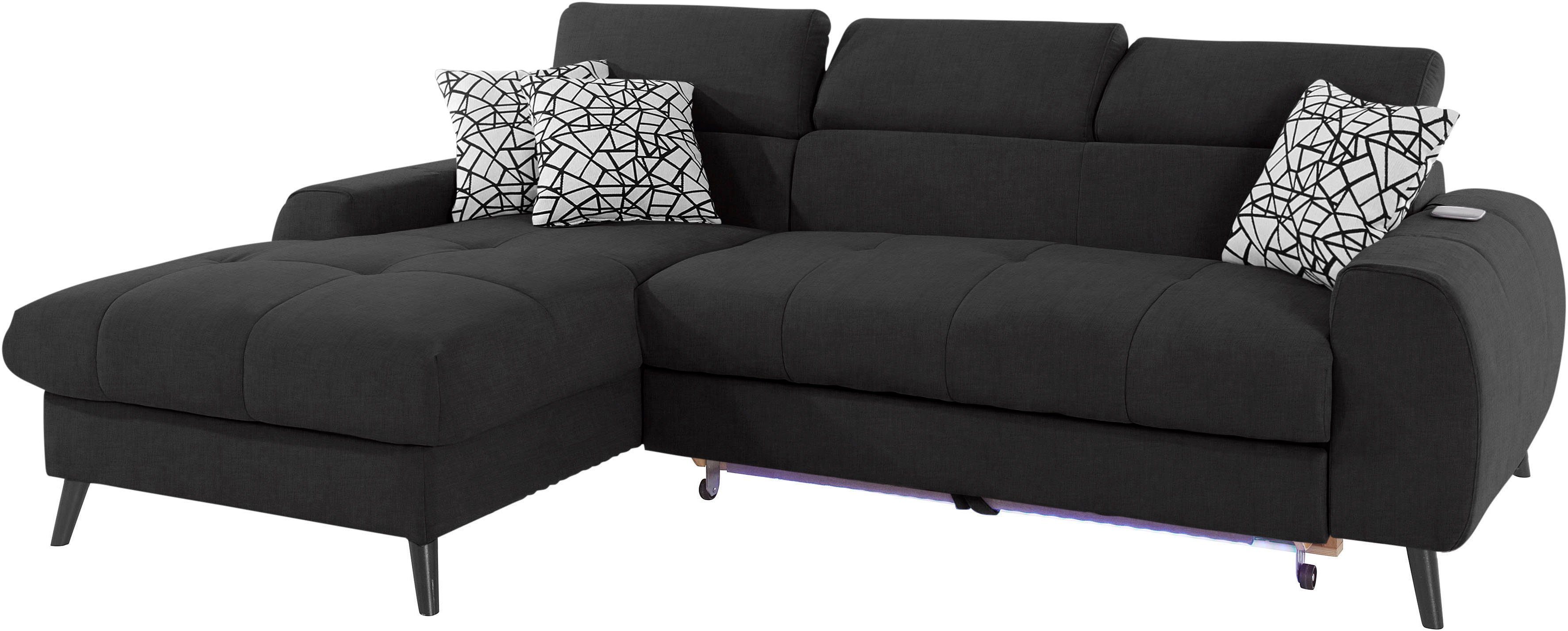 COTTA Hoekbank Mia L-vorm met 3 sierkussens keuze met bedfunctie, bedlade, verlichting & draadloze oplader