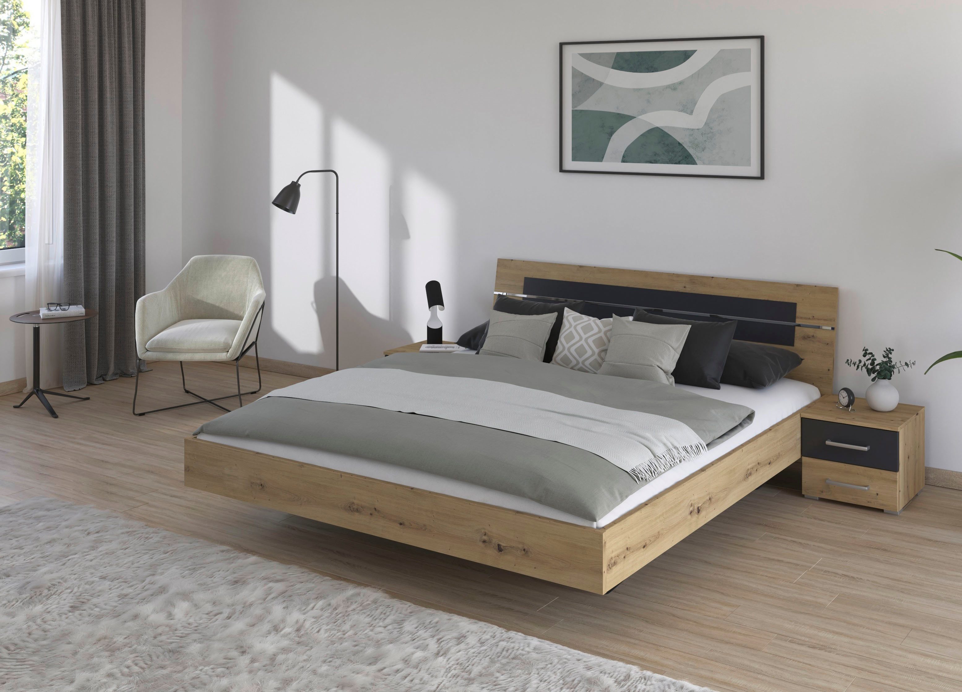 rauch Ledikant Tweepersoons futonbed BURANO in zwevende look en afgebakend hoofdeinde met 2 nachttafels made in germany (set)