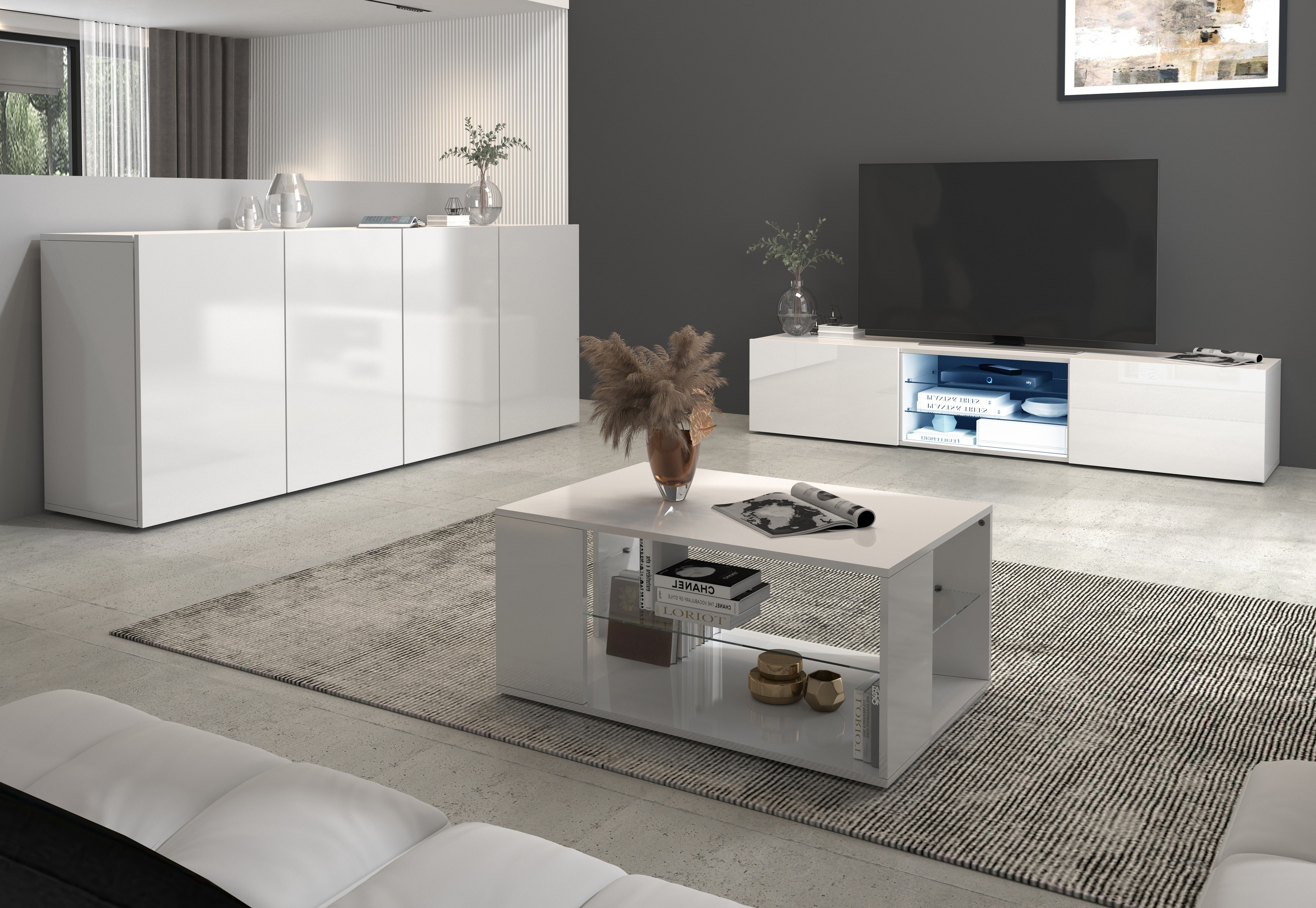 INOSIGN Tv-meubel Egypt, Lowboard, TV-ladekast, TV-meubel, TV-bank met 2 kleppen, 2 glazen planken, volledig hoogglans gelakt (b/d/h) 180x38x35 cm