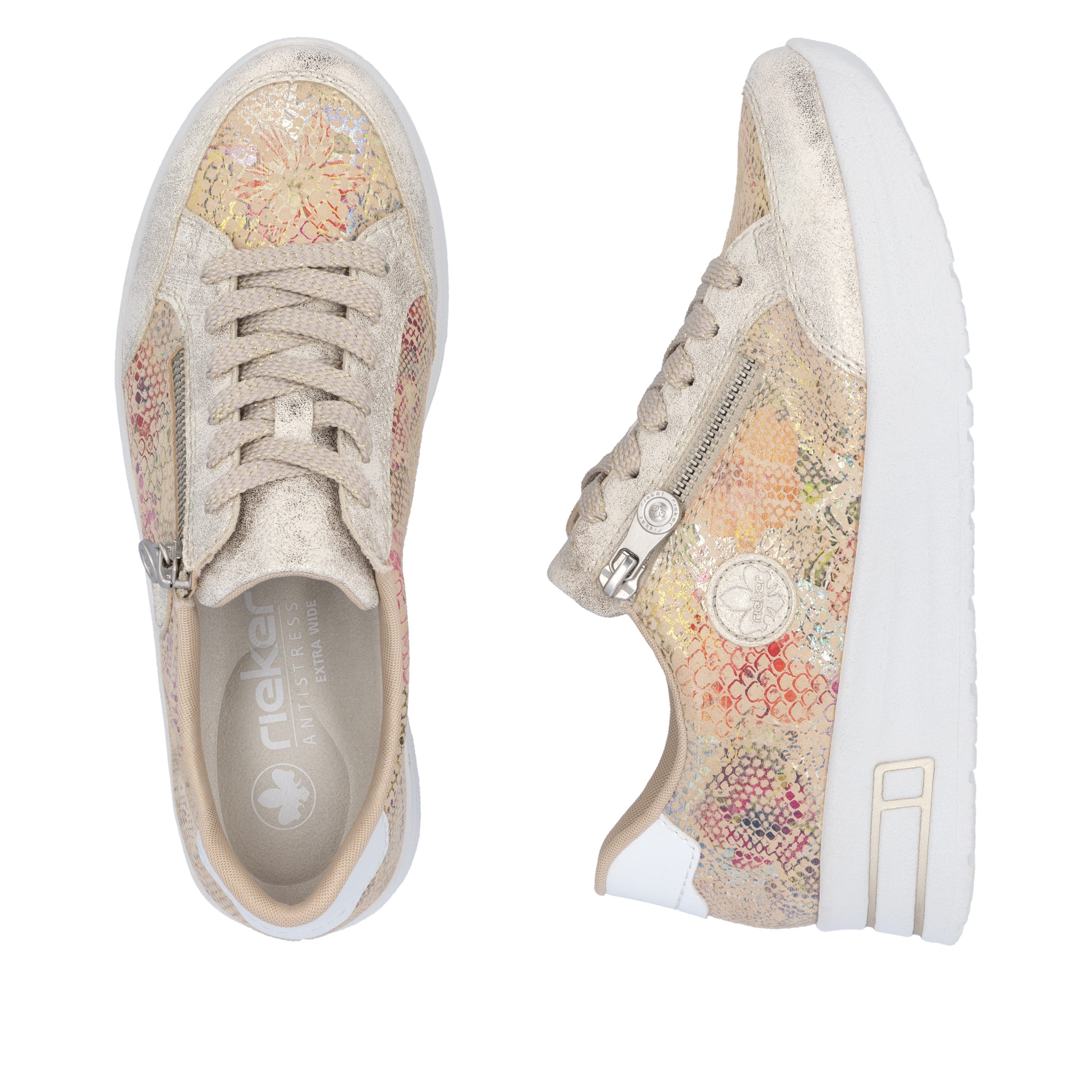 Rieker Plateausneakers , vrijetijdsschoen, veterschoen, lage schoen met subtiele goudkleurige glans